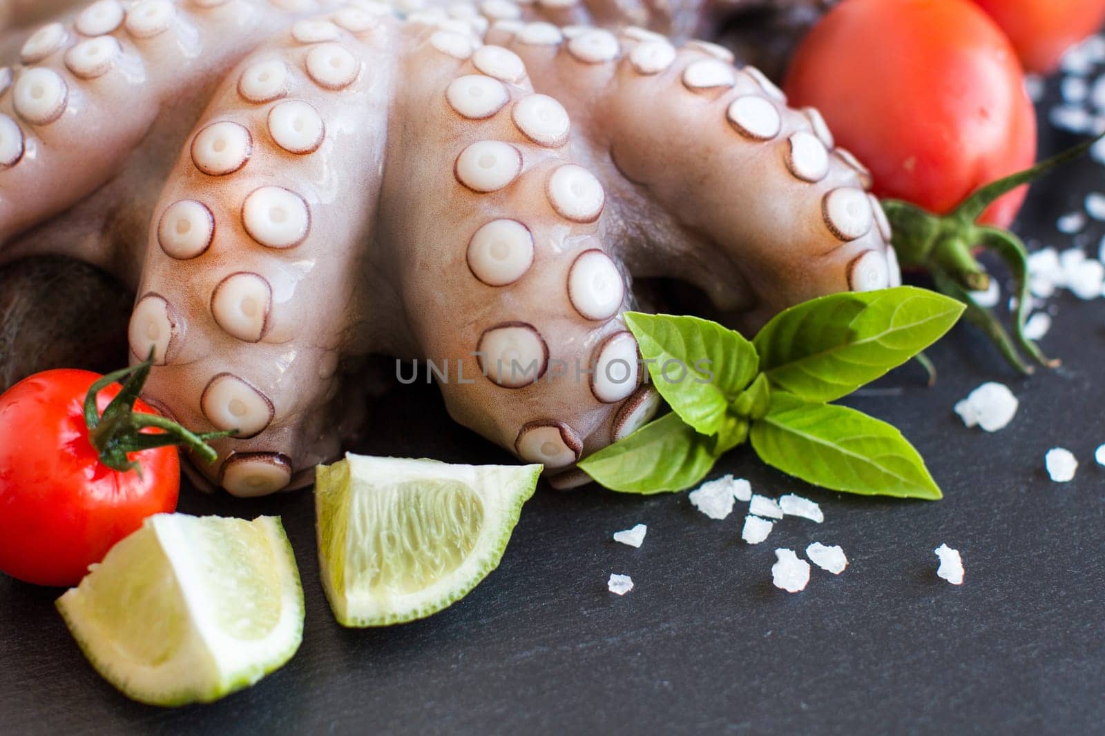 Raw octopus with lime, tomatoes and basil over dark background