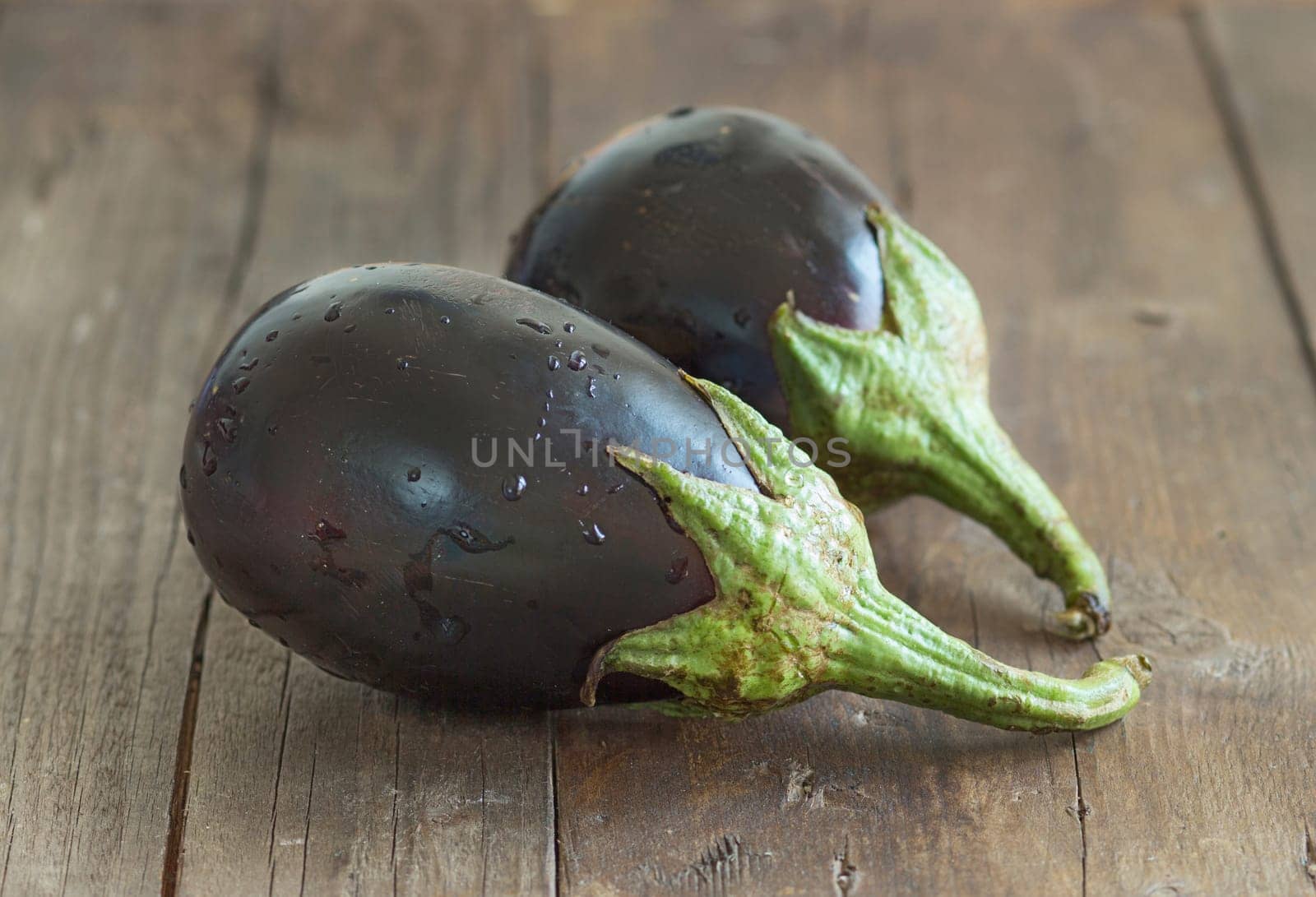 Fresh Ripe Raw eggplants on the wood background
