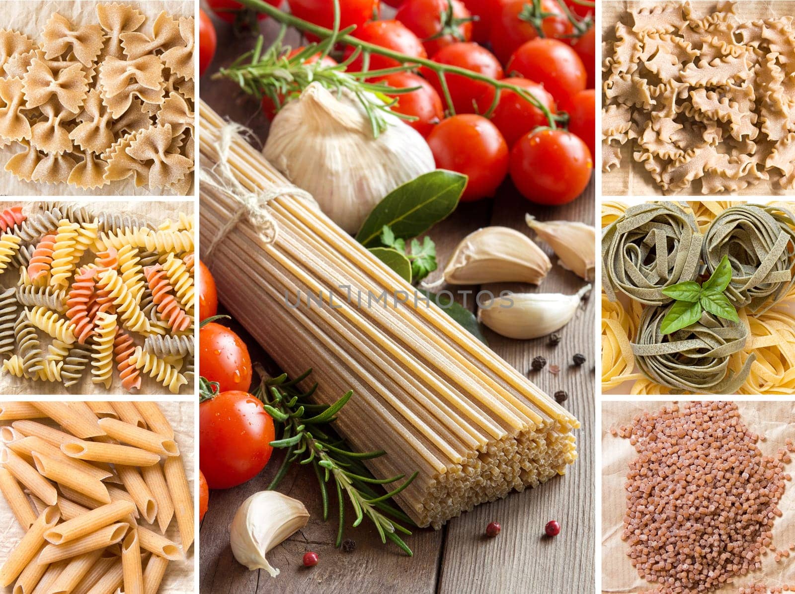 Collage of whole wheat italian pasta with garlic and herbs on wood