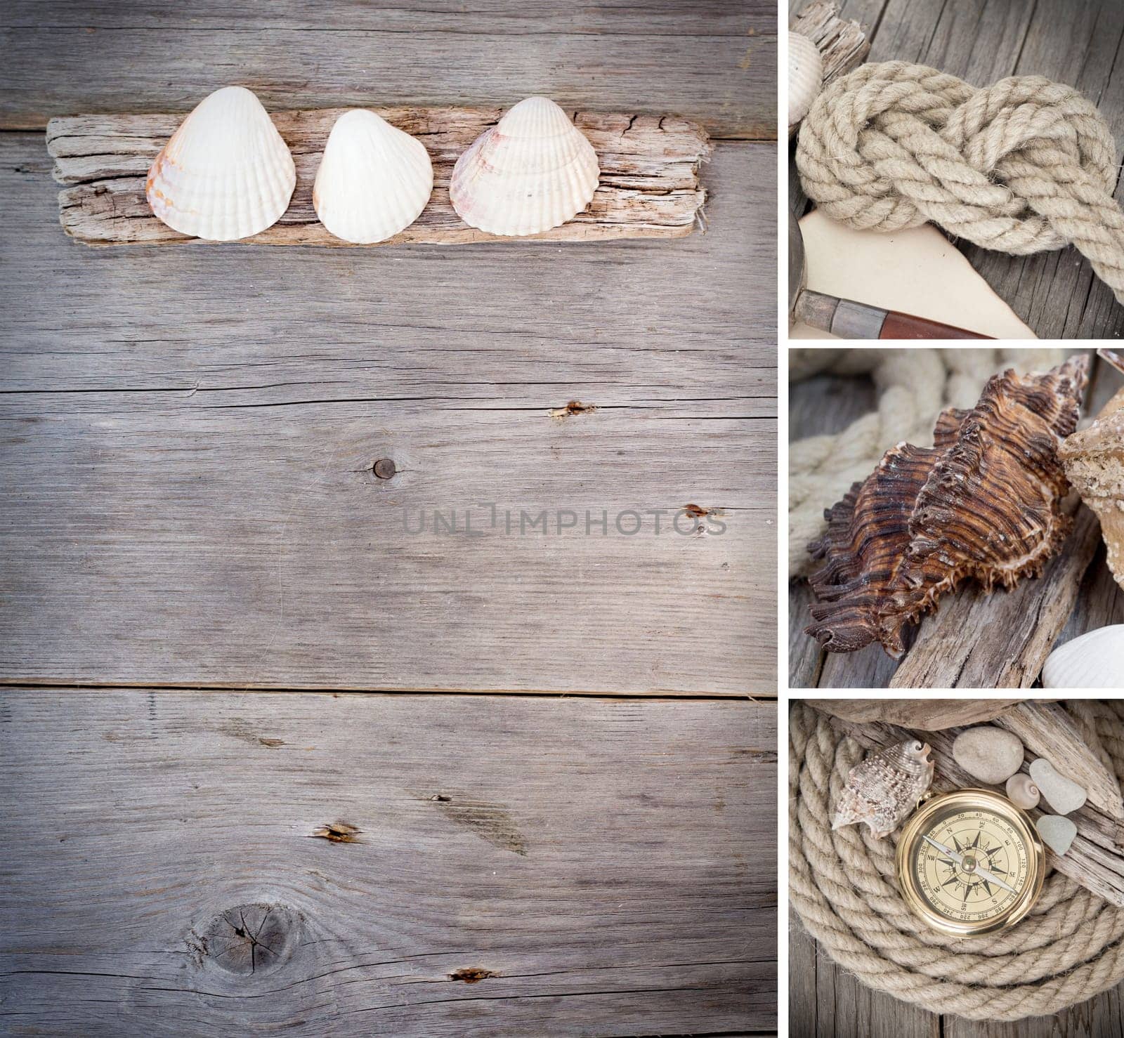Message from the trip collage with rope, seashells, old wood and compass