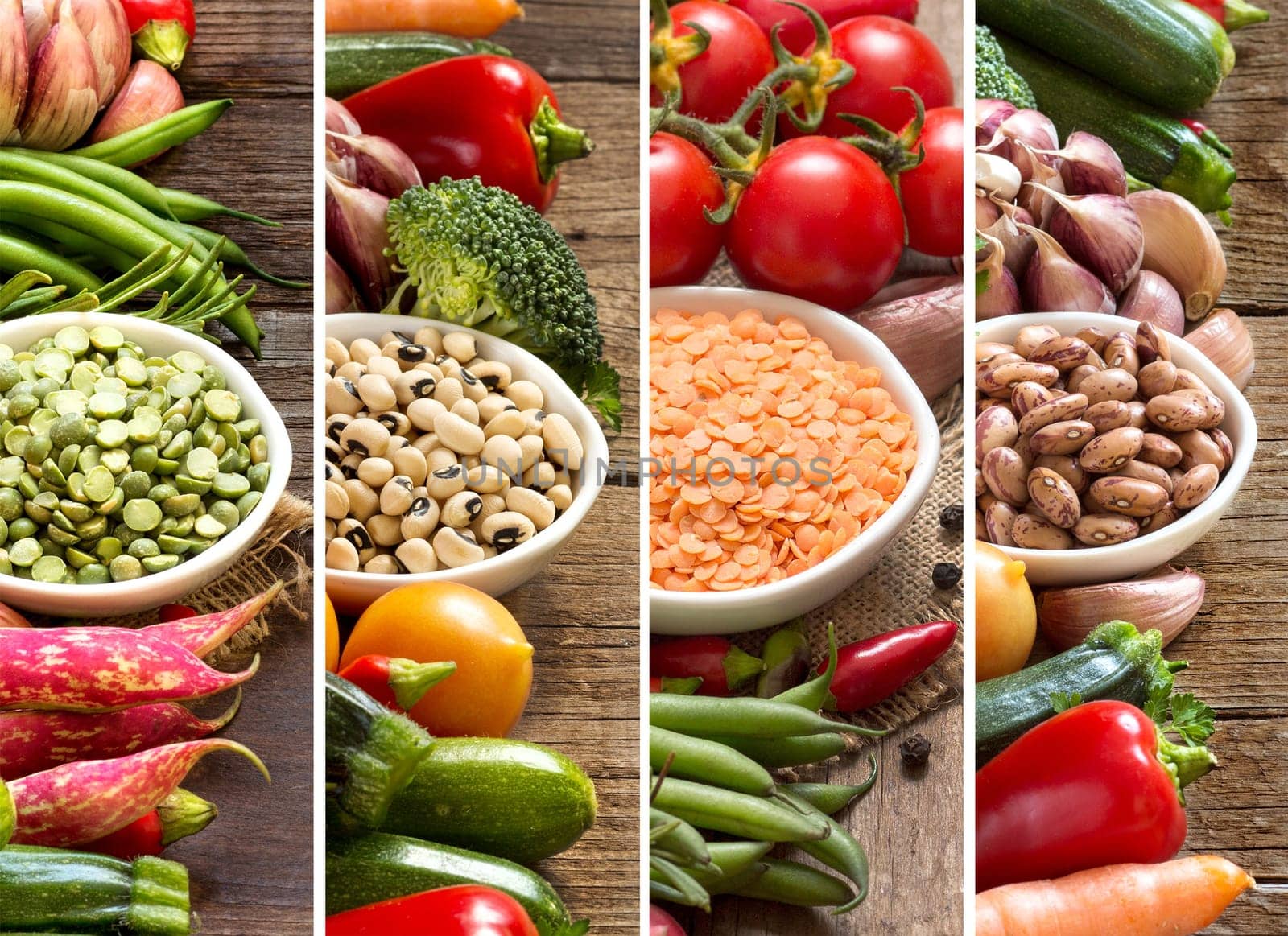 Collage of four legumes in bowls with fresh vegetables