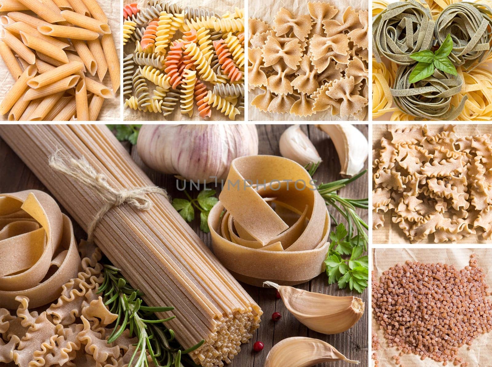 Collage of whole wheat italian pasta with garlic and herbs on wood