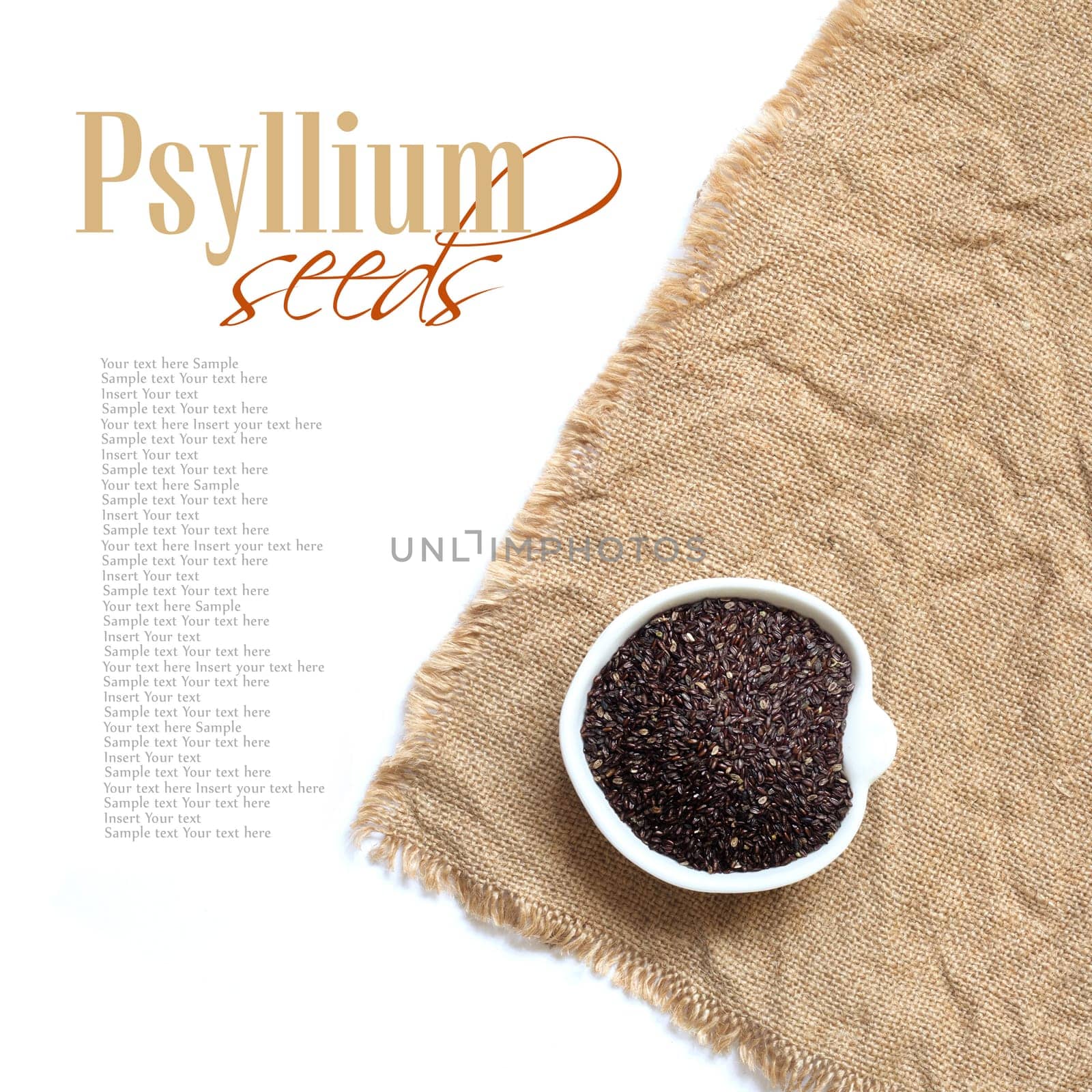 Psyllium seeds in a bowl on a white background
