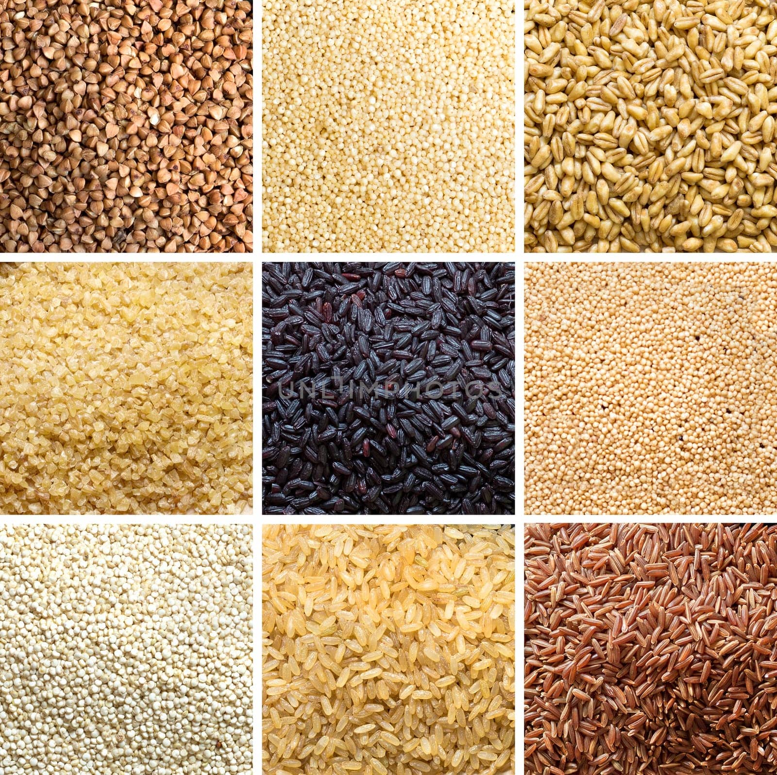Collage of 9 cereals: buckwheat, millet, spelt, bulgur, black rice, amaranth, quinoa, brown rice, red rice