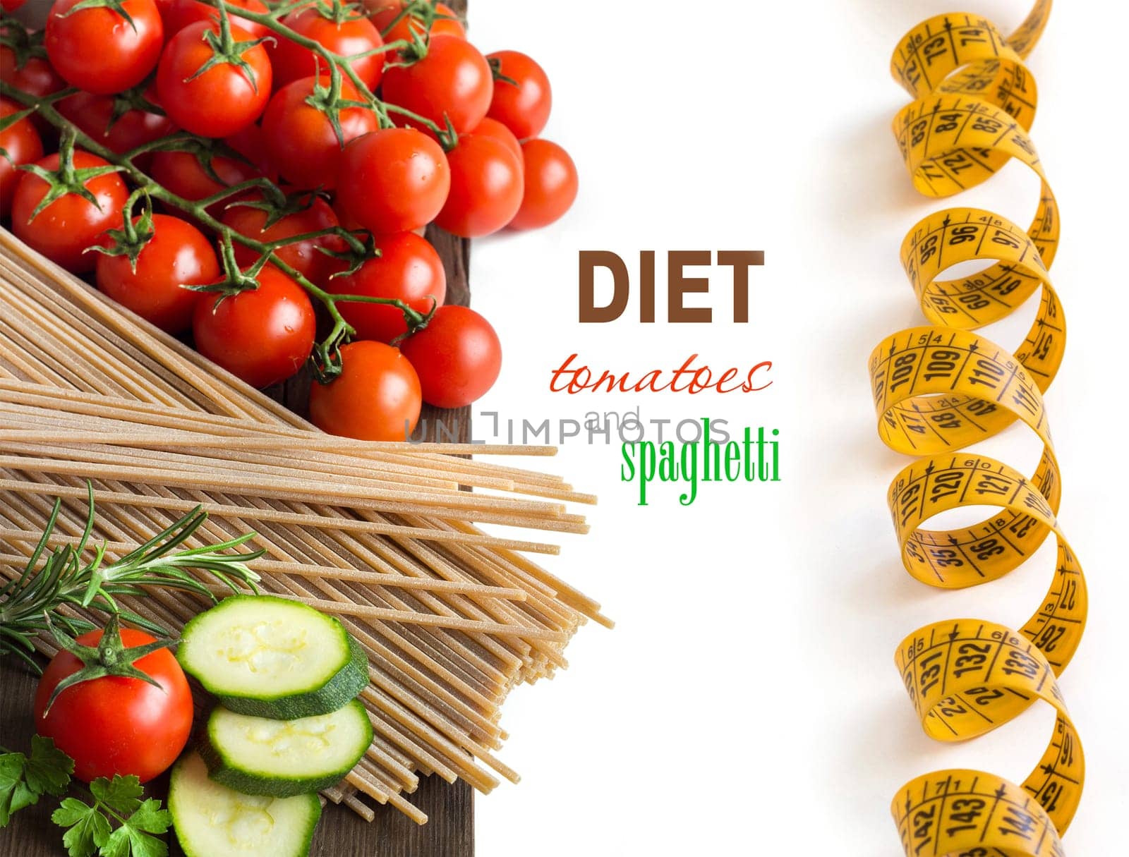 Spaghett, herbs, zucchinii and tomatoes on the old wooden tale