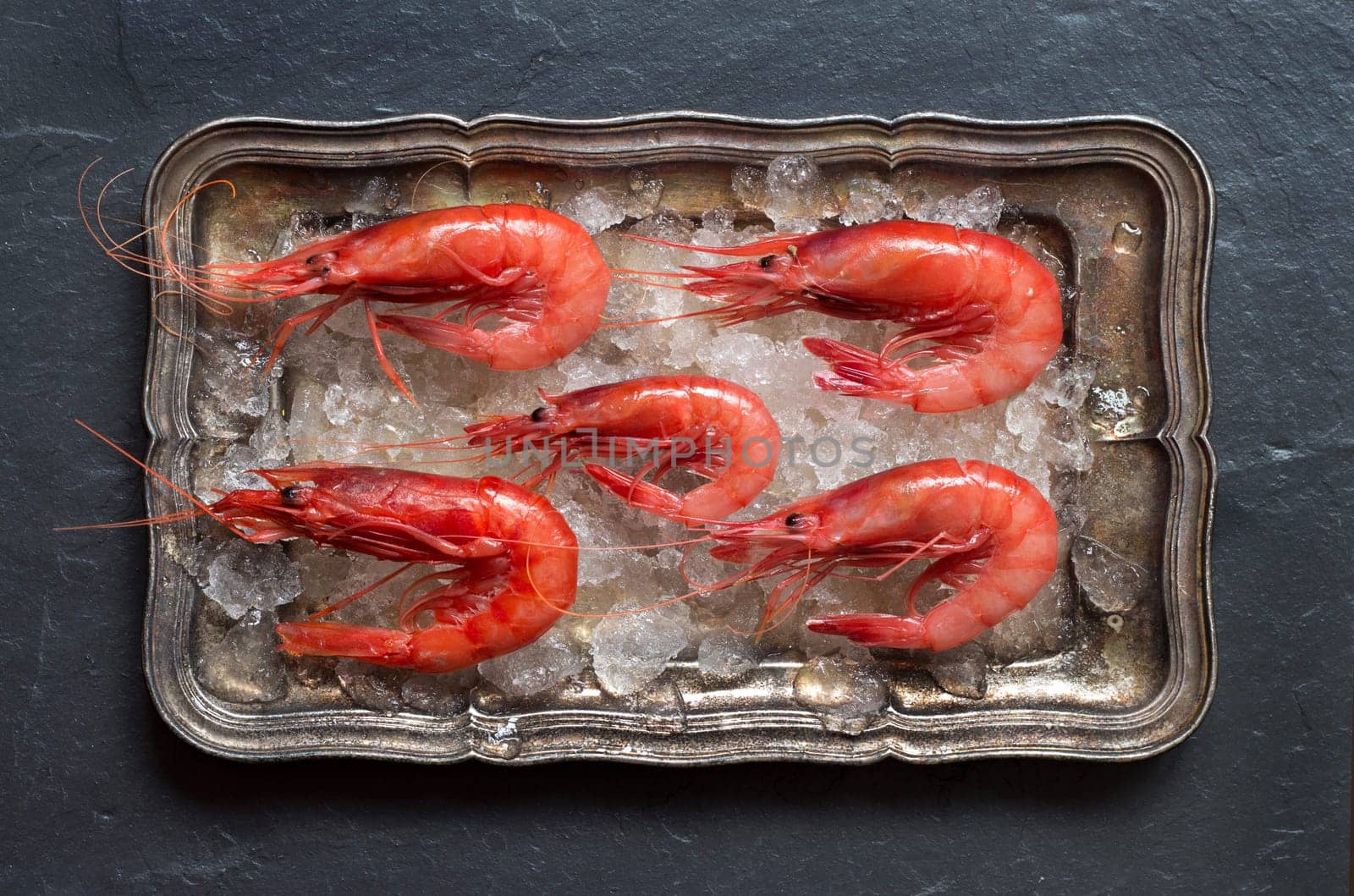 Raw shrimps on ice on a silver tray over dark background