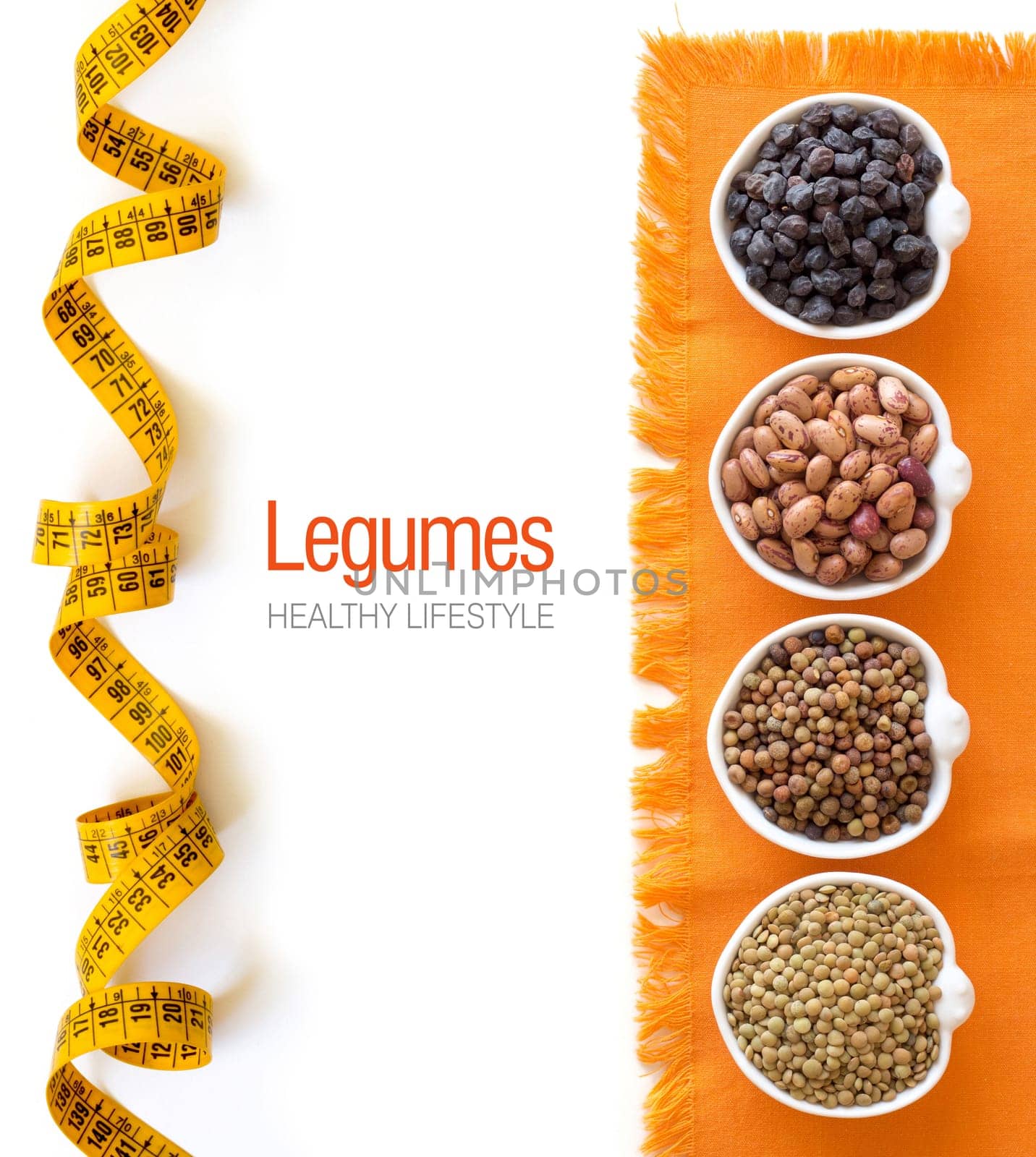 Variety or legumes in bowls isolated on white