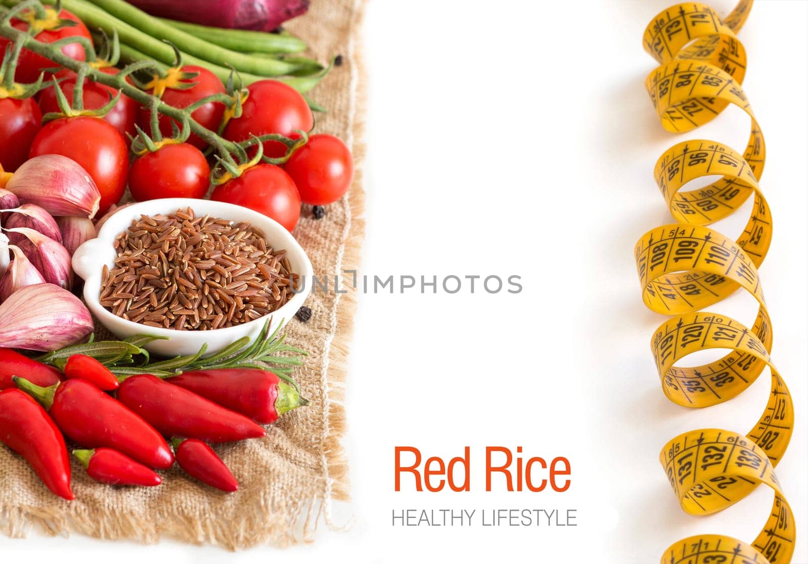 Red organic rice in bowl and vegetables
