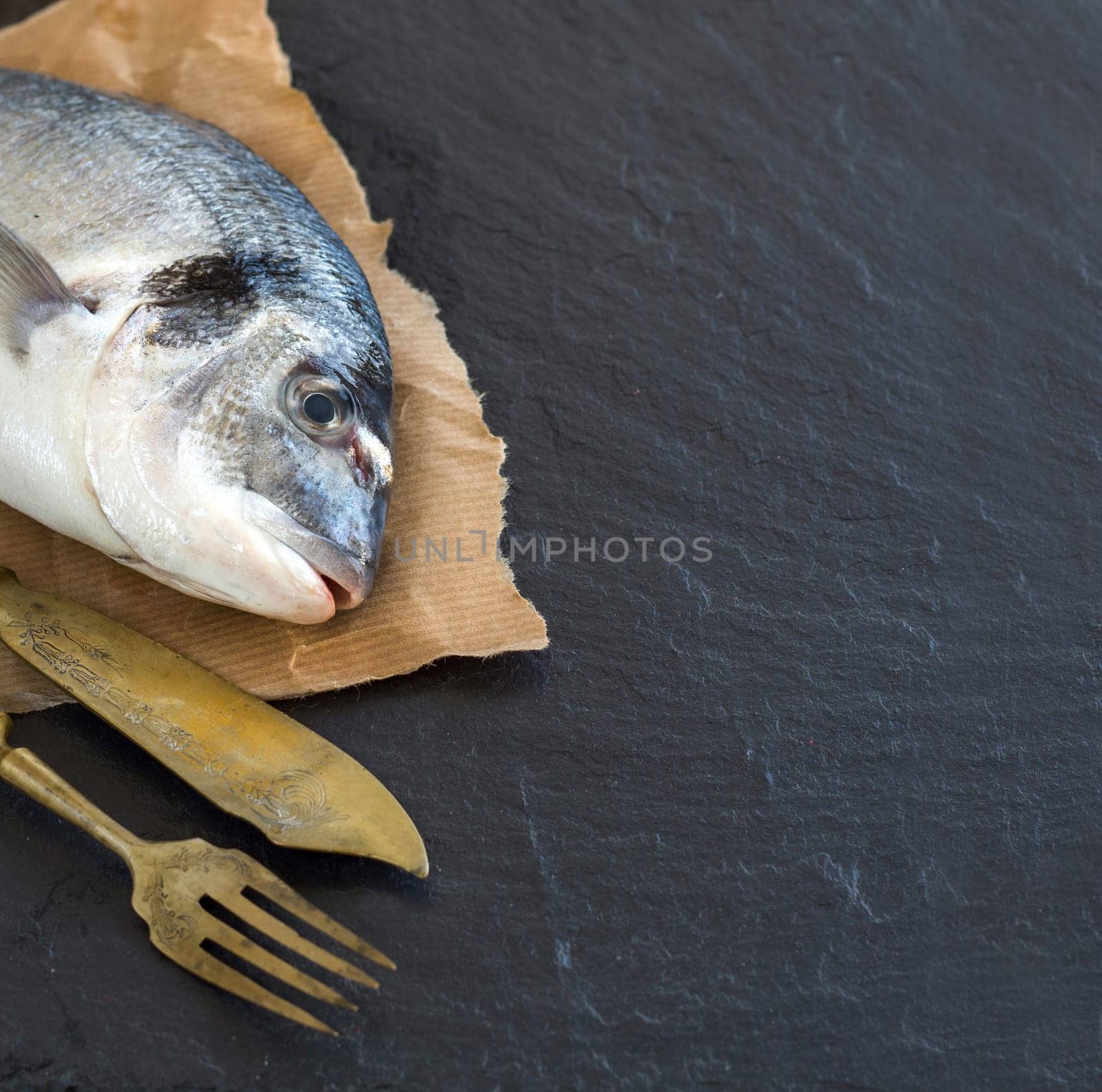 Fresh dorado fish on dark vintage background with fork and knife