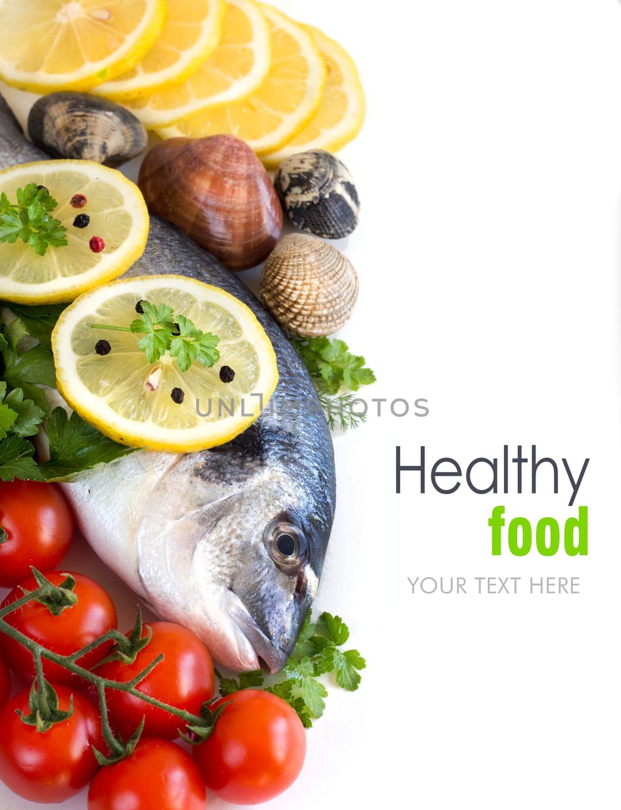 Fresh dorado fish, seafood and vegetables on a white background