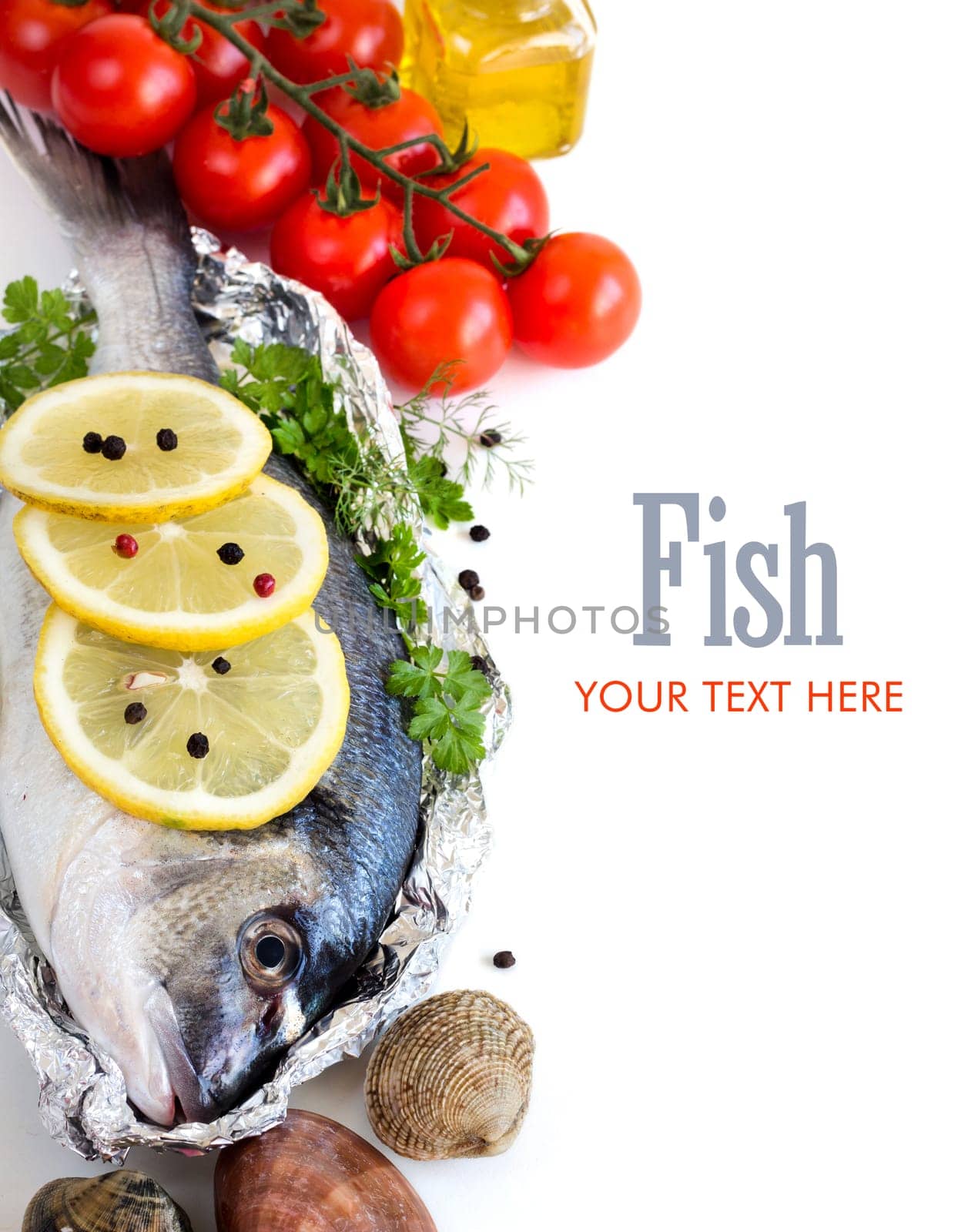 Fresh dorado fish, seafood and vegetables on a white background