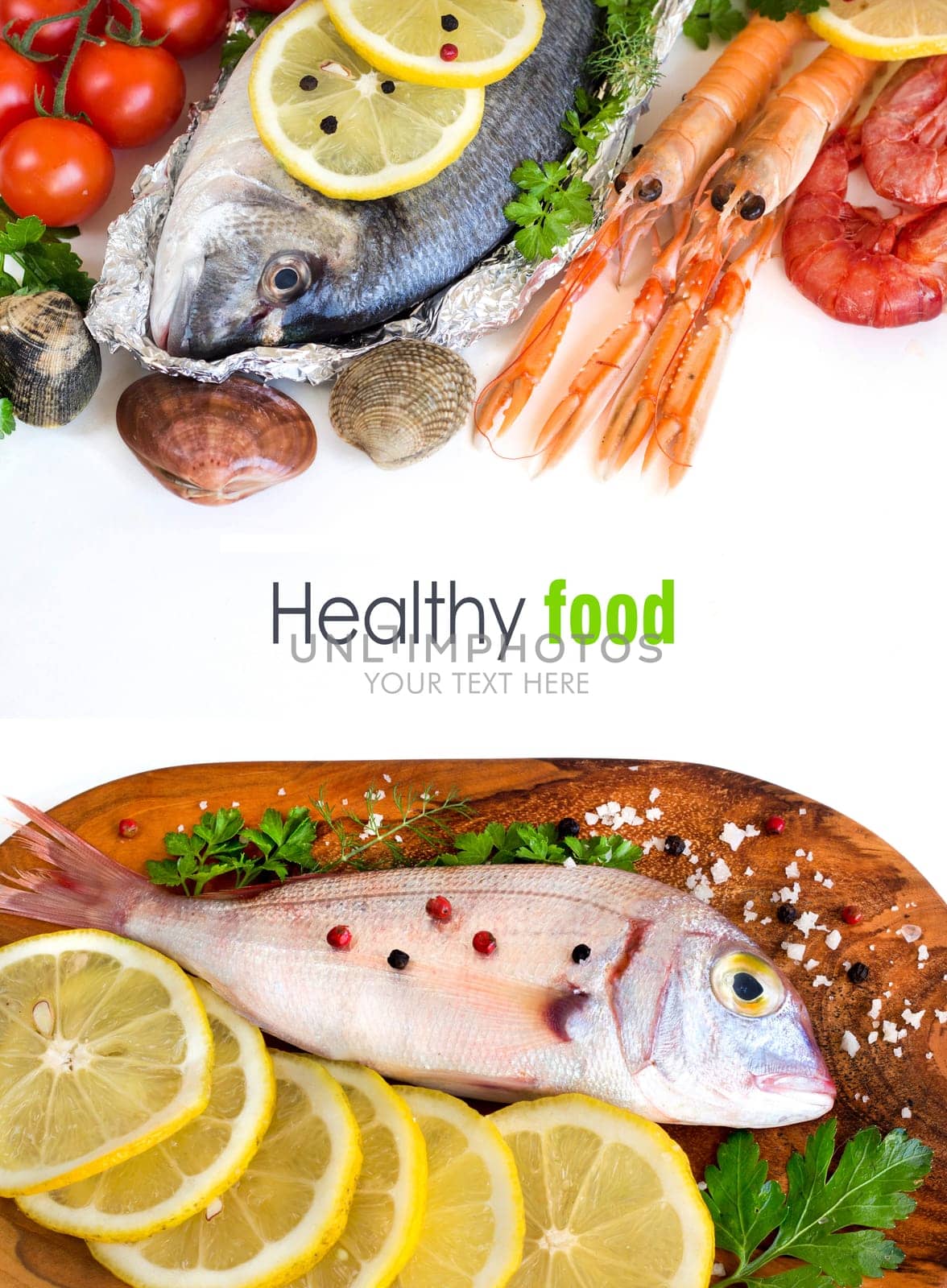 Fresh fish, seafood and vegetables isolated on white