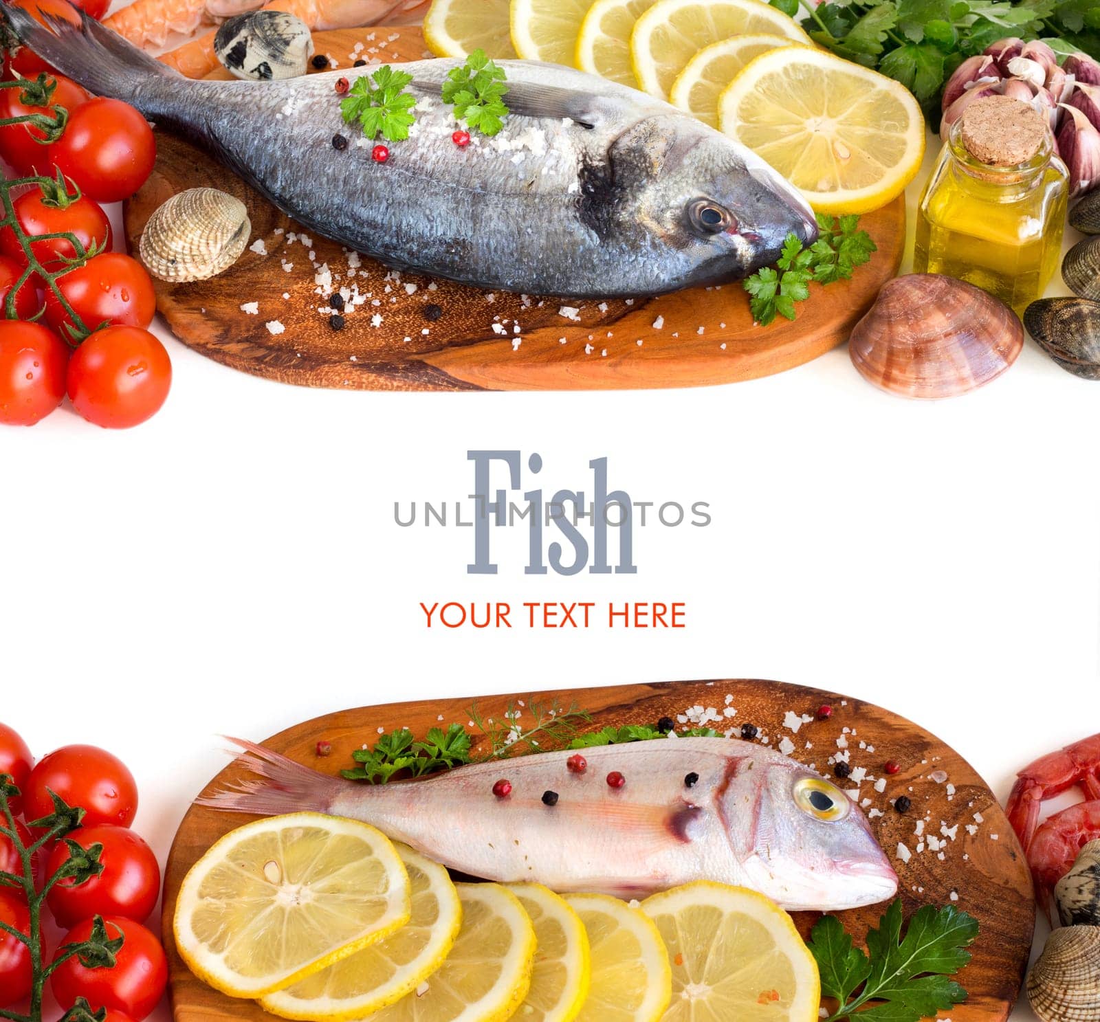 Fresh fish, seafood and vegetables isolated on white