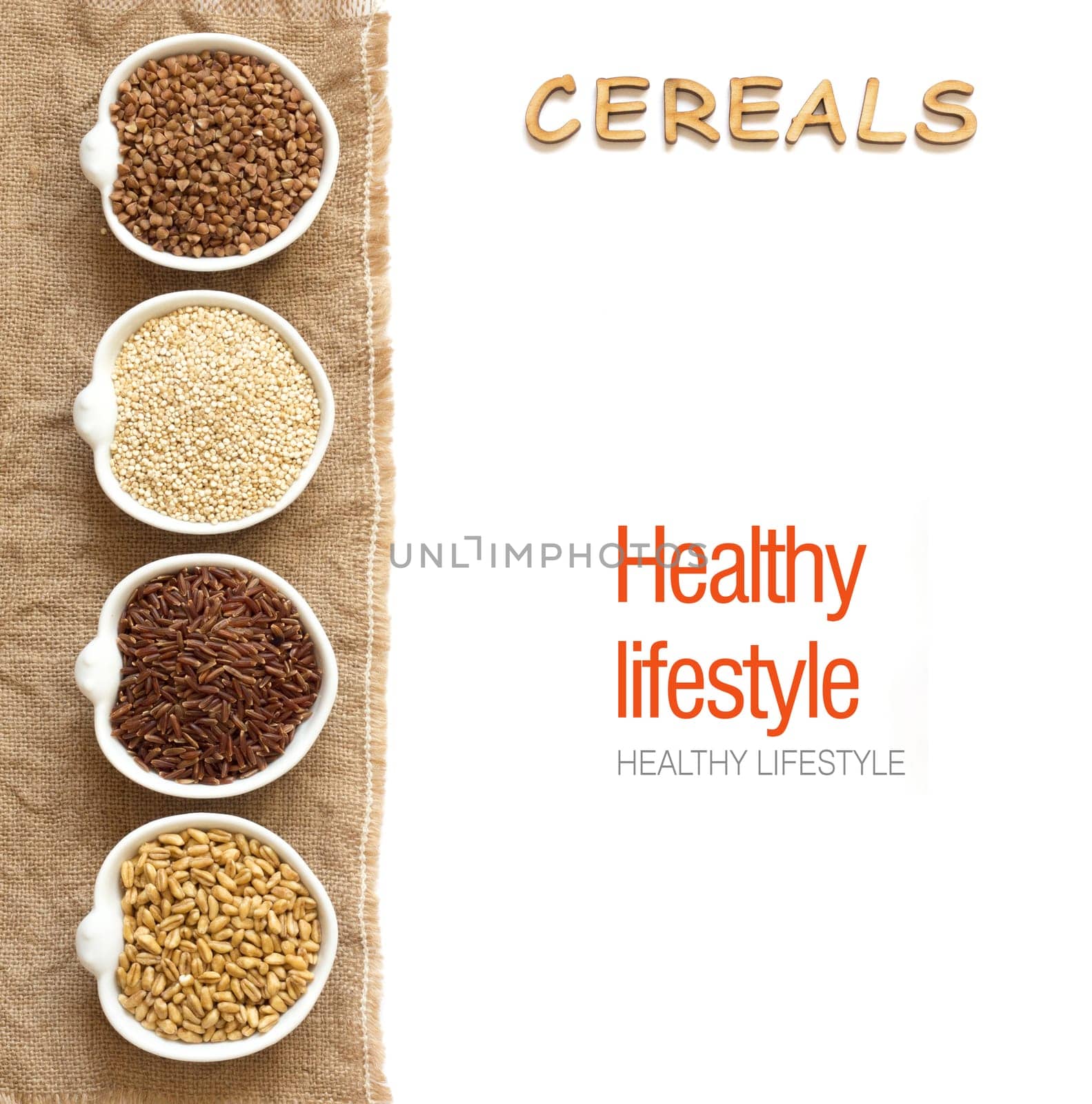 Cereals in bowls border with word Cereals isolated in white
