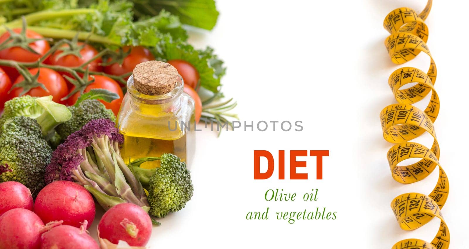 Vegetables and bottle of olive oil isolated on white border