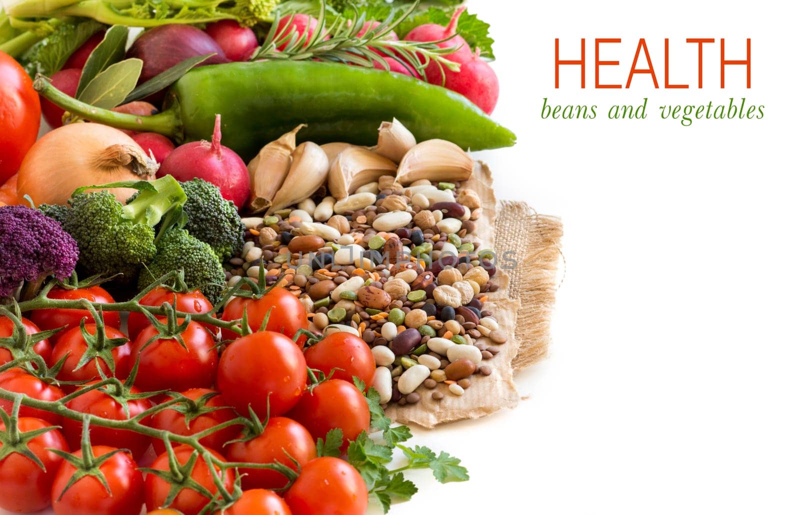 Mixed legumes and vegetables isolated on white