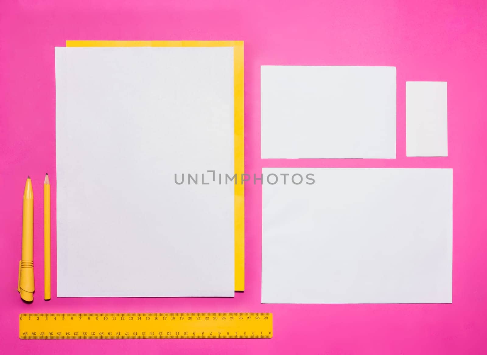 Mock-up business template with cards, papers, pen on pink background.