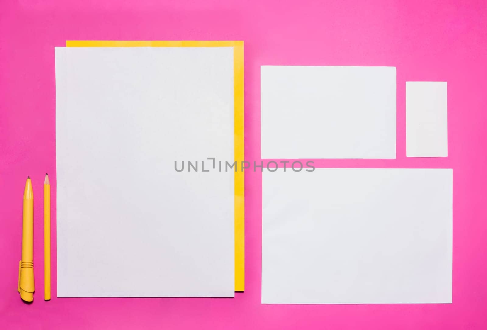 Mock-up business template with cards, papers, pen on pink background.