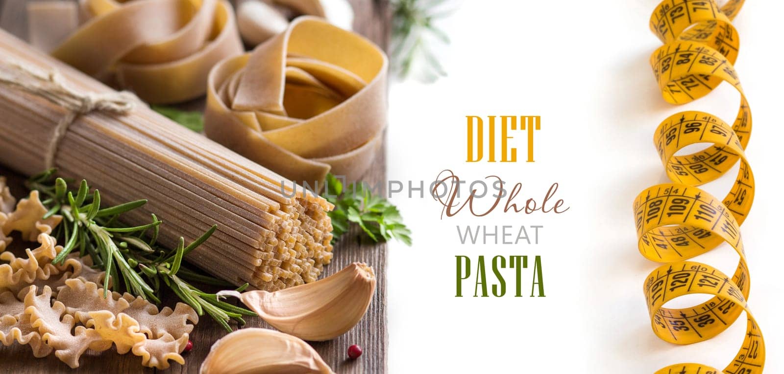 Whole wheat italian pasta, garlic, herbs and measuring tape