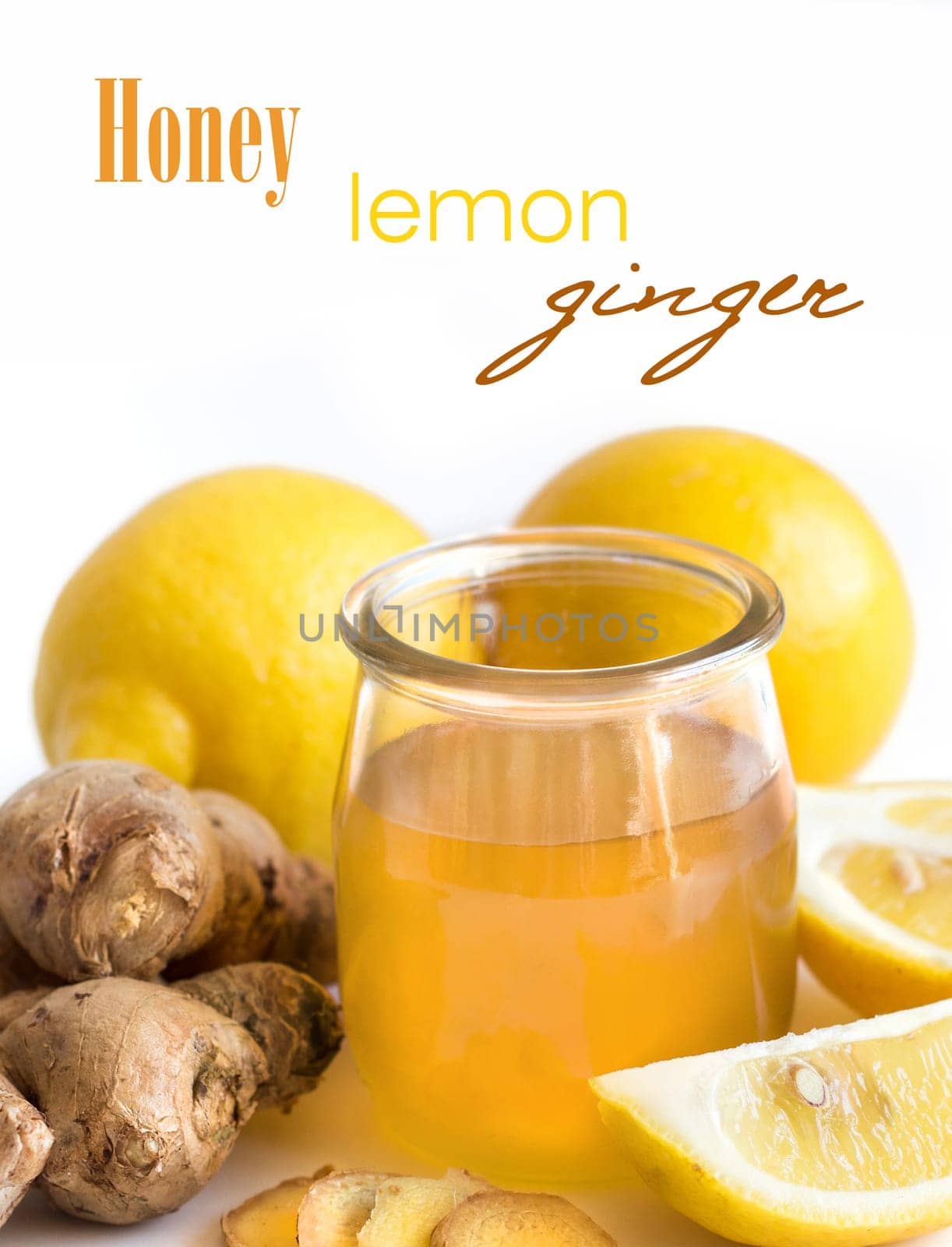 Honey in a jar, lemon and ginger isolated on white