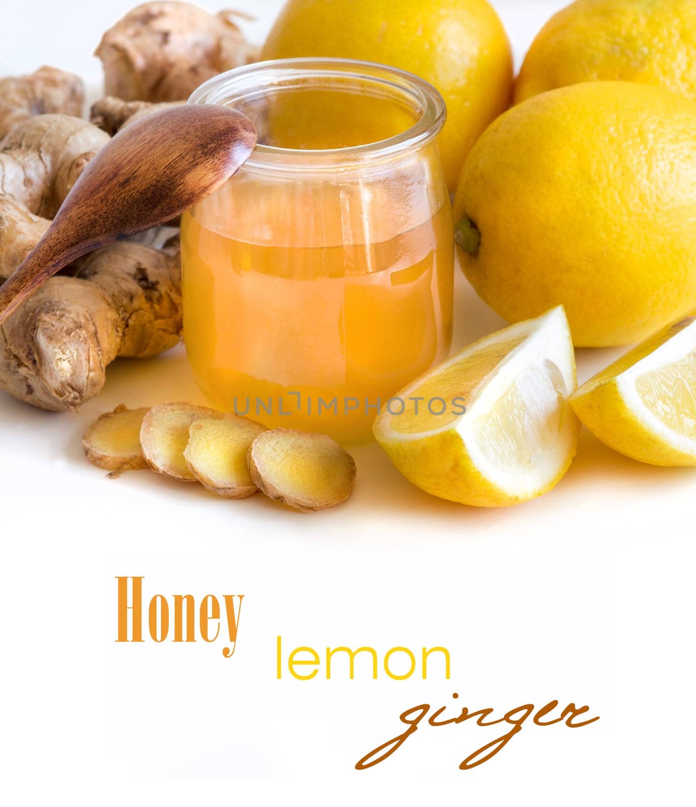 Honey, lemon and ginger isolated on white