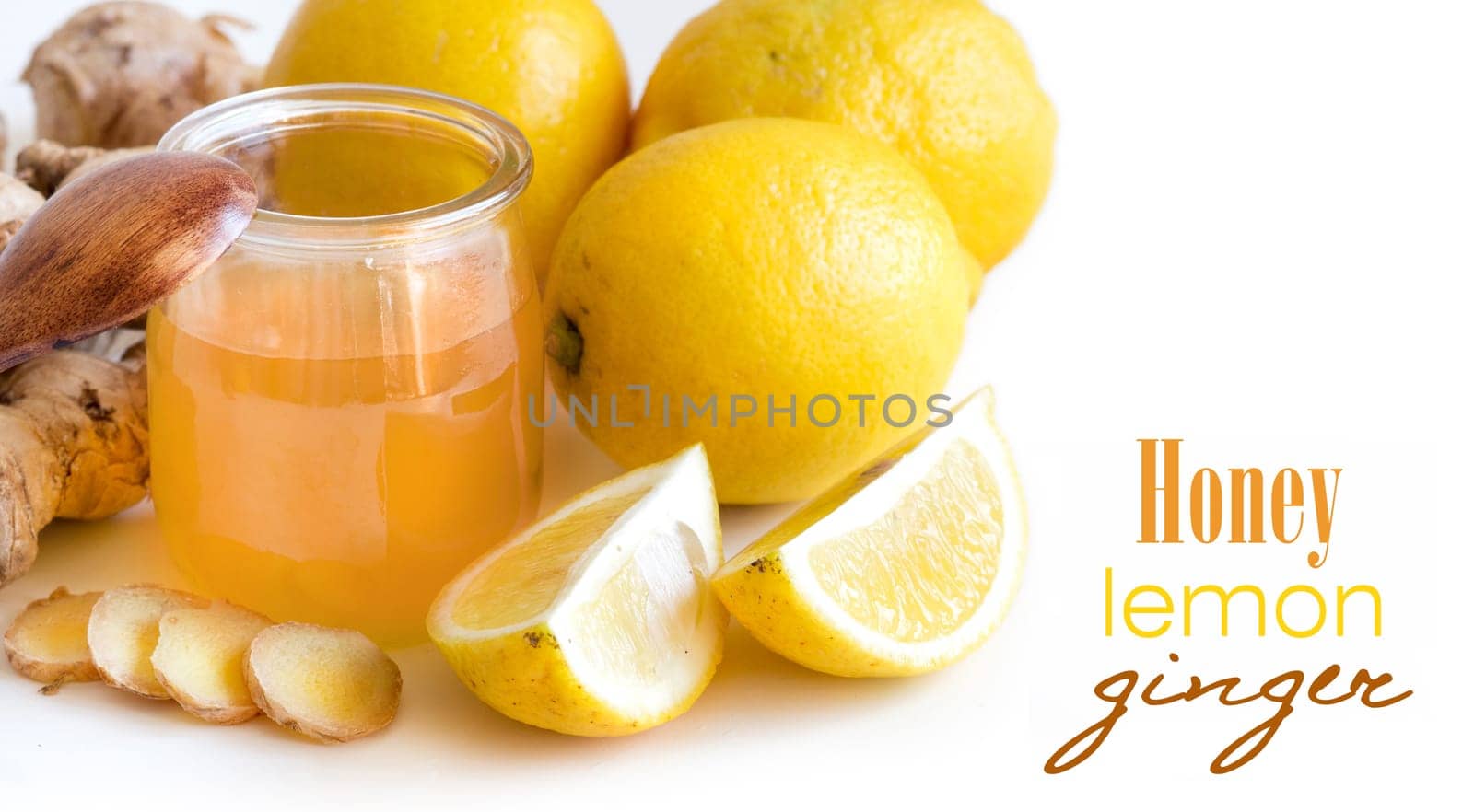 Honey, lemon and ginger isolated on white