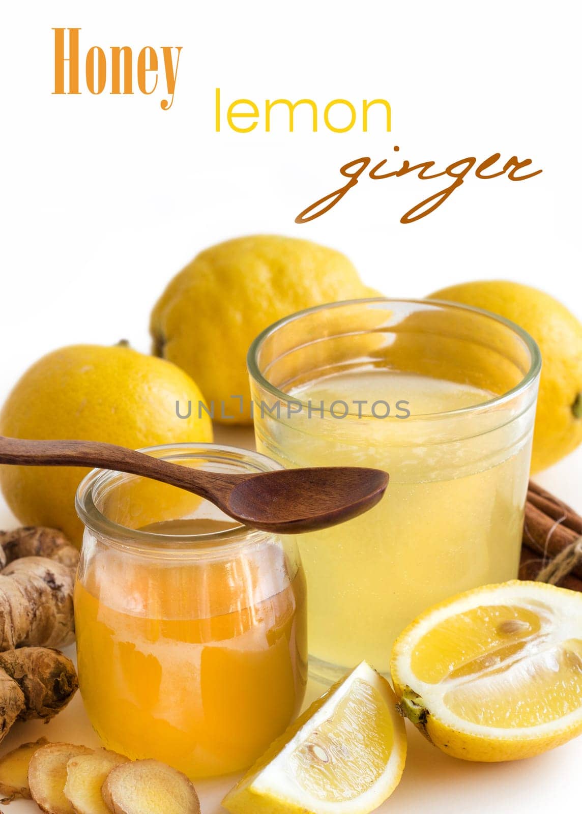 Honey, lemon and ginger tonic and ingridients close up