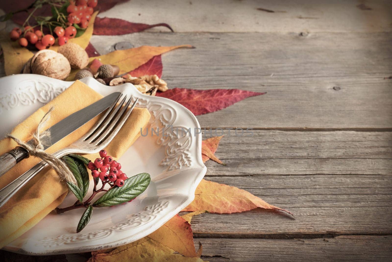 Autumn rustic table setting with berries, leaves, acorns and nuts