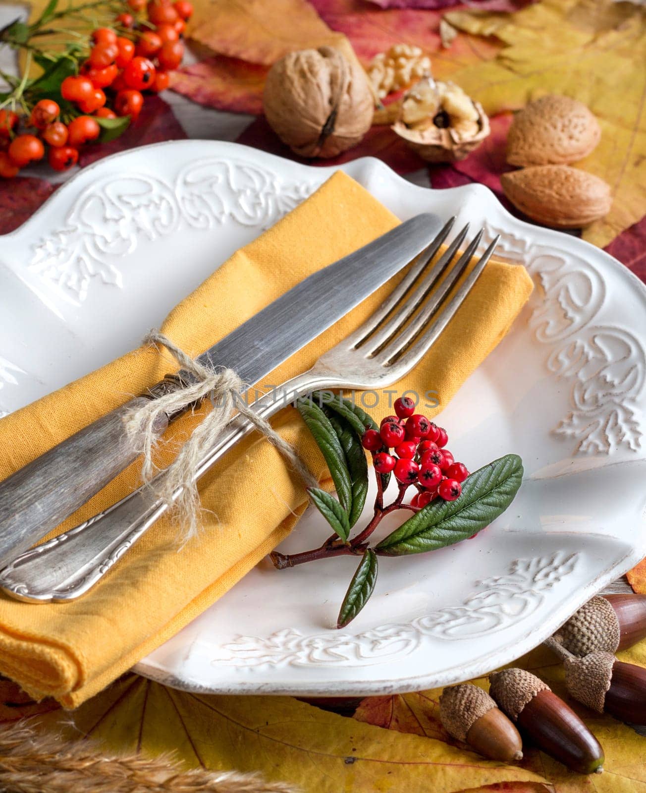 Autumn rustic table setting with berries, leaves, acorns and nuts