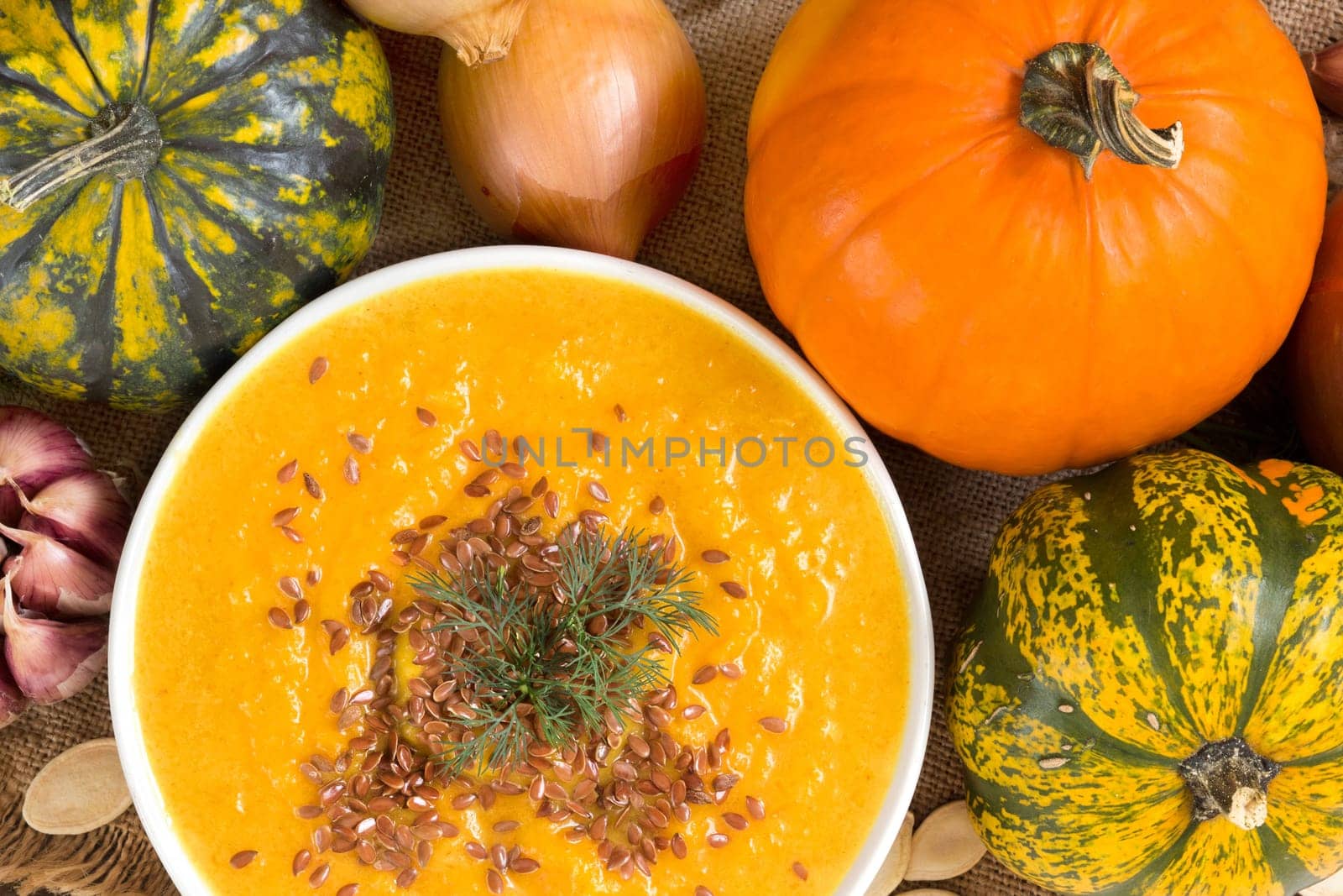 Pumpkin soup and ingridients - top view