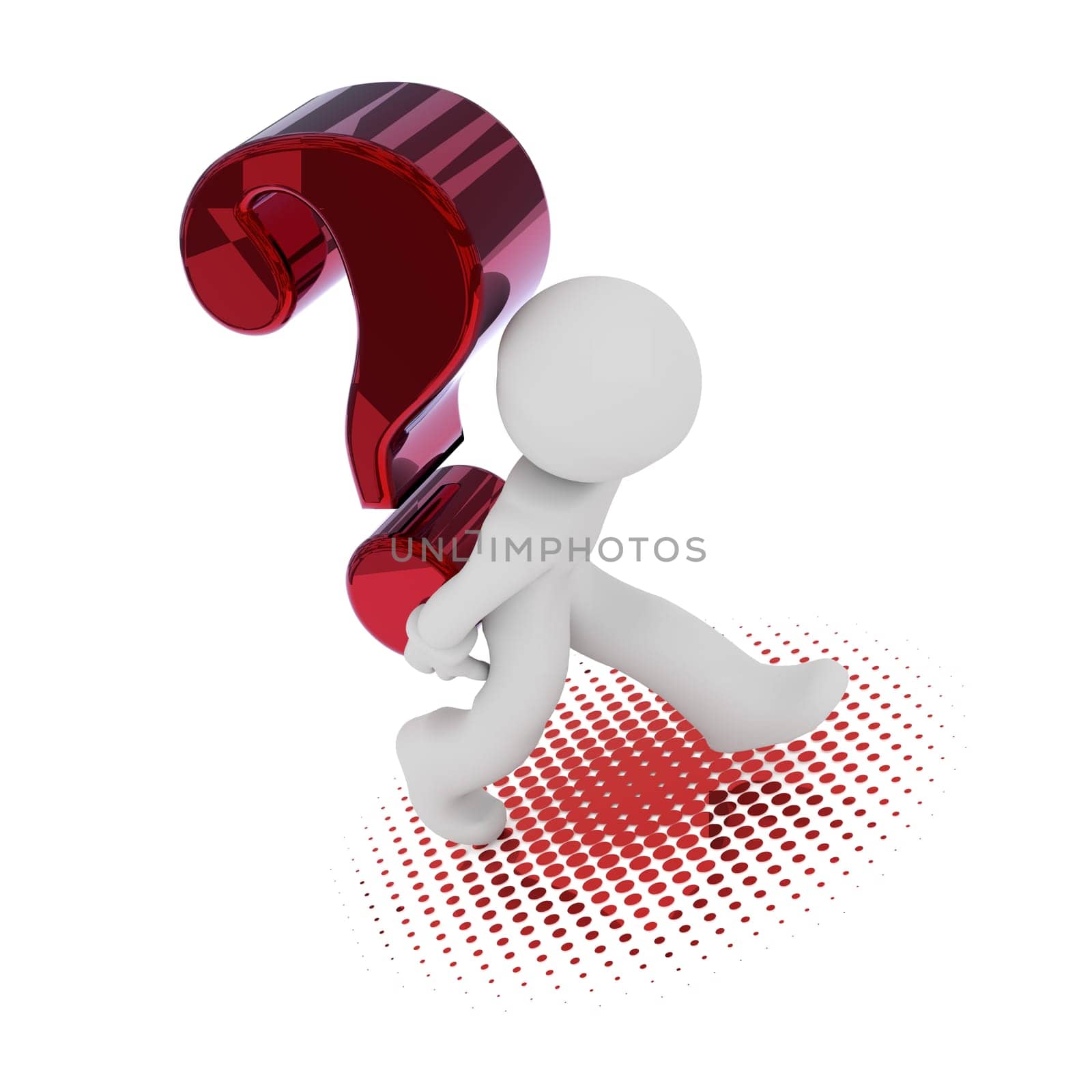 3d rendering of a character with a big red question mark