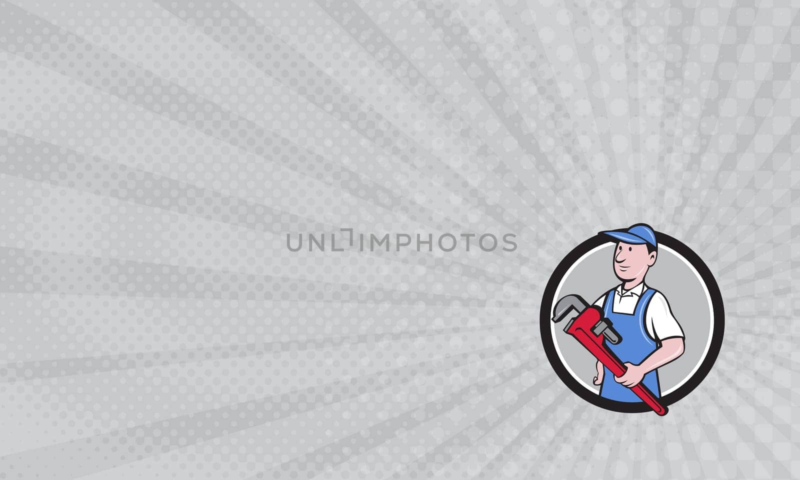 Business Card showing Illustration of a handyman wearing hat looking to the side holding pipe wrench viewed from front set inside circle on isolated background done in cartoon style.            ...