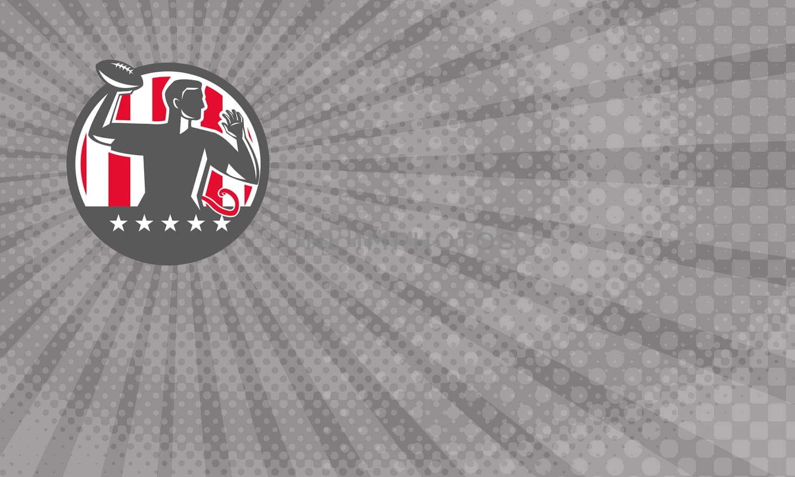 Business Card showing Illustration of a flag football player QB passing ball viewed from the side set inside circle with stars and stripes in the background done in retro style. ...