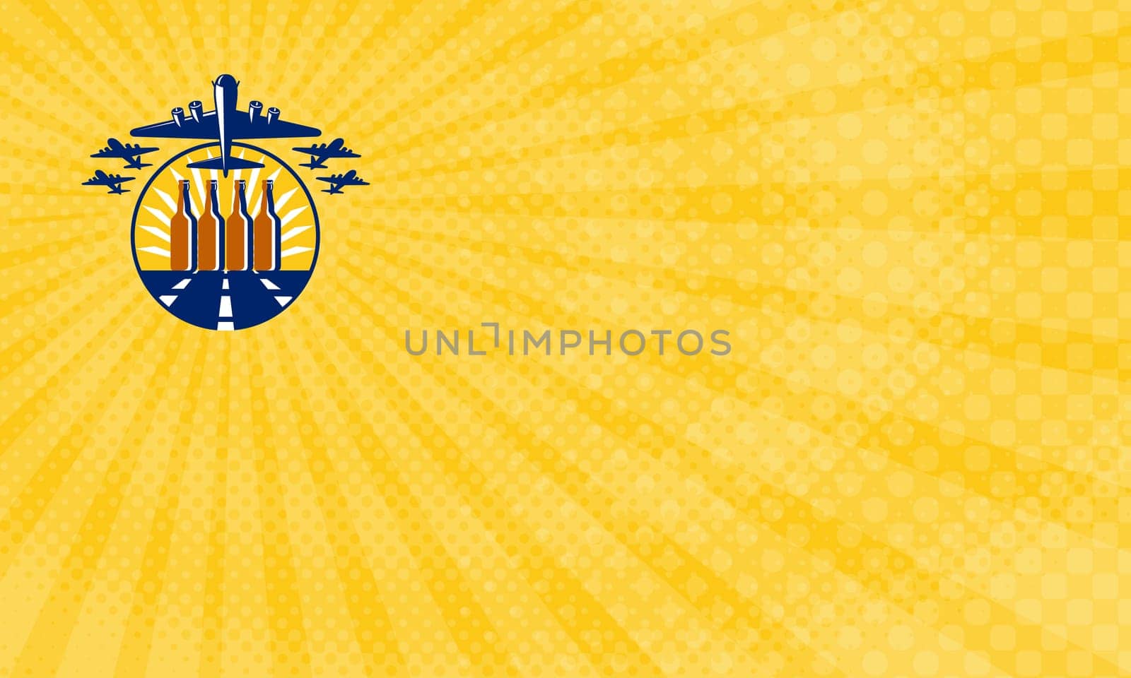 Business Card showing Illustration of a B-17 Flying Fortress, a World War two American four-engine heavy bomber taking off and in full flight with beer bottles in the runway and sunburst in the background set inside circle done in retro style. ...