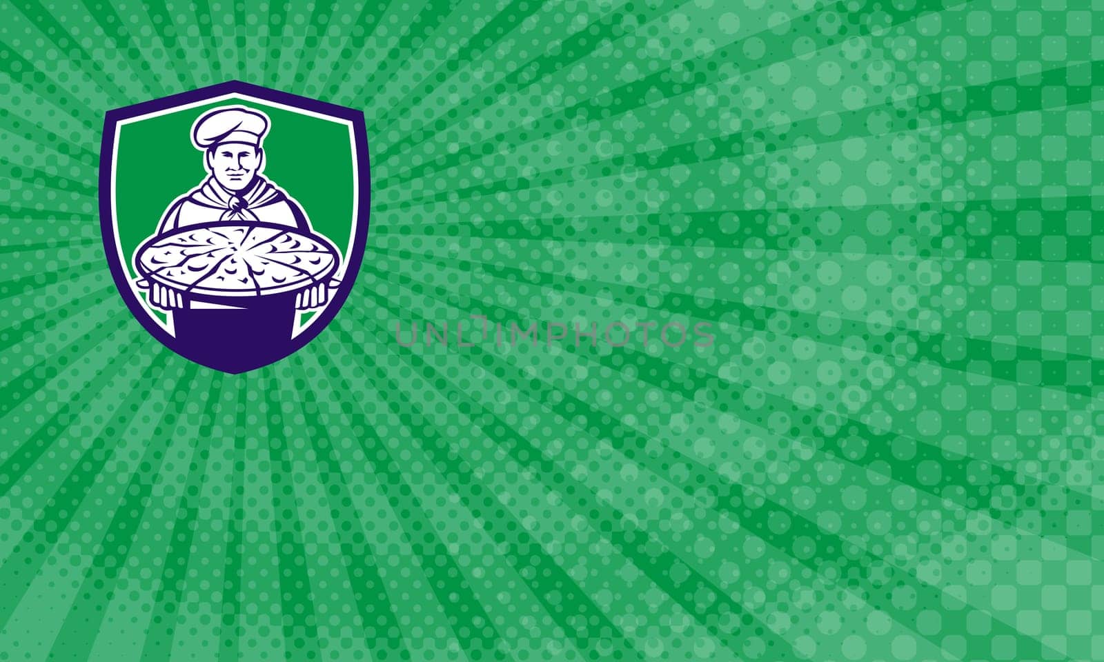 Business Card showing Illustration of a chef, cook baker serving pizza platter facing front set inside shield crest on isolated background done in retro style....