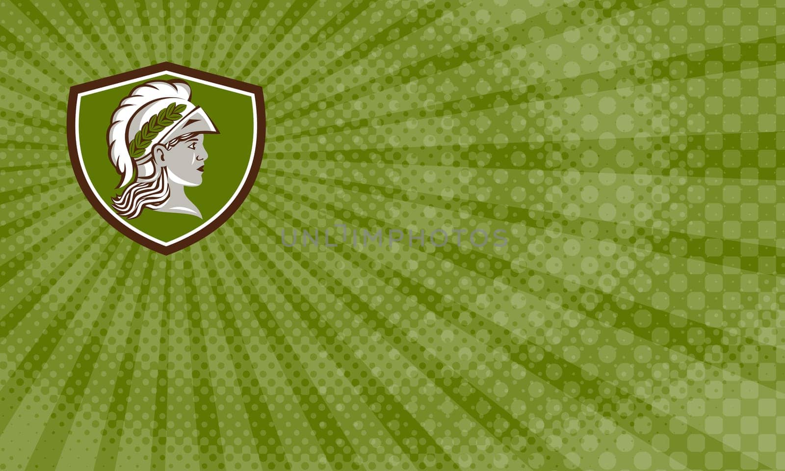 Business Card showing Illustration of Minerva or Menrva, the Roman goddess of wisdom and sponsor of arts, trade, and strategy wearing helment and laurel crown viewed from side set inside shield crest done in retro style. ..