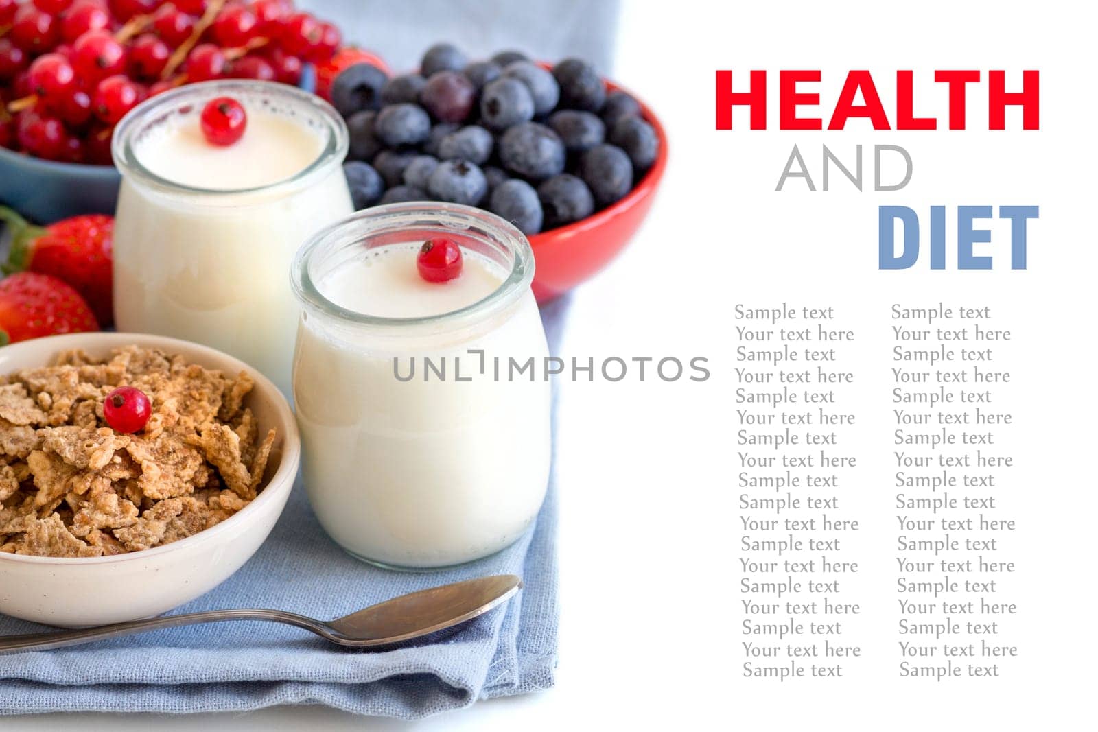 Jars of fresh natural yogurt, berries and cereals in bowls