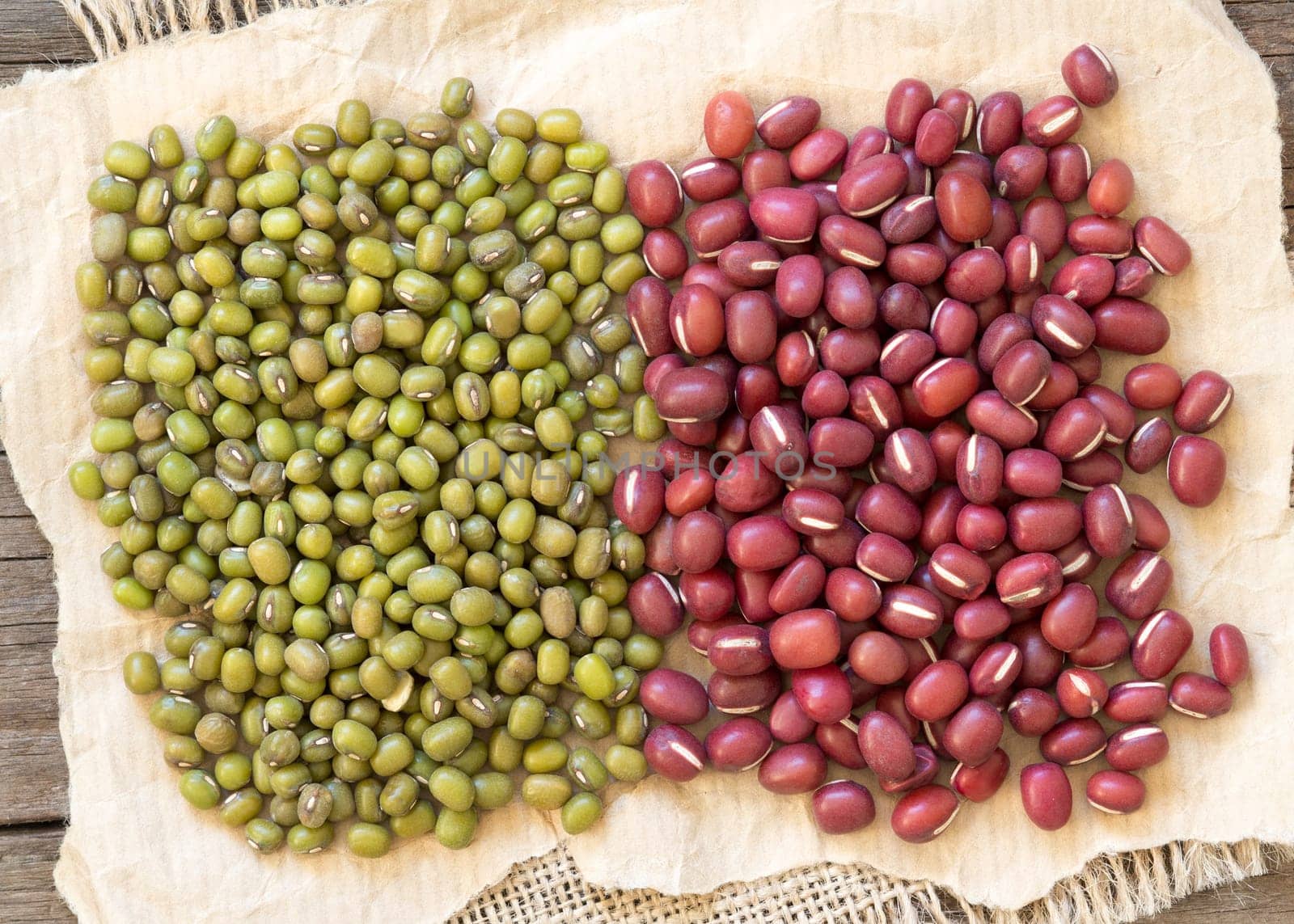 Azuki beans and mung beans on paper