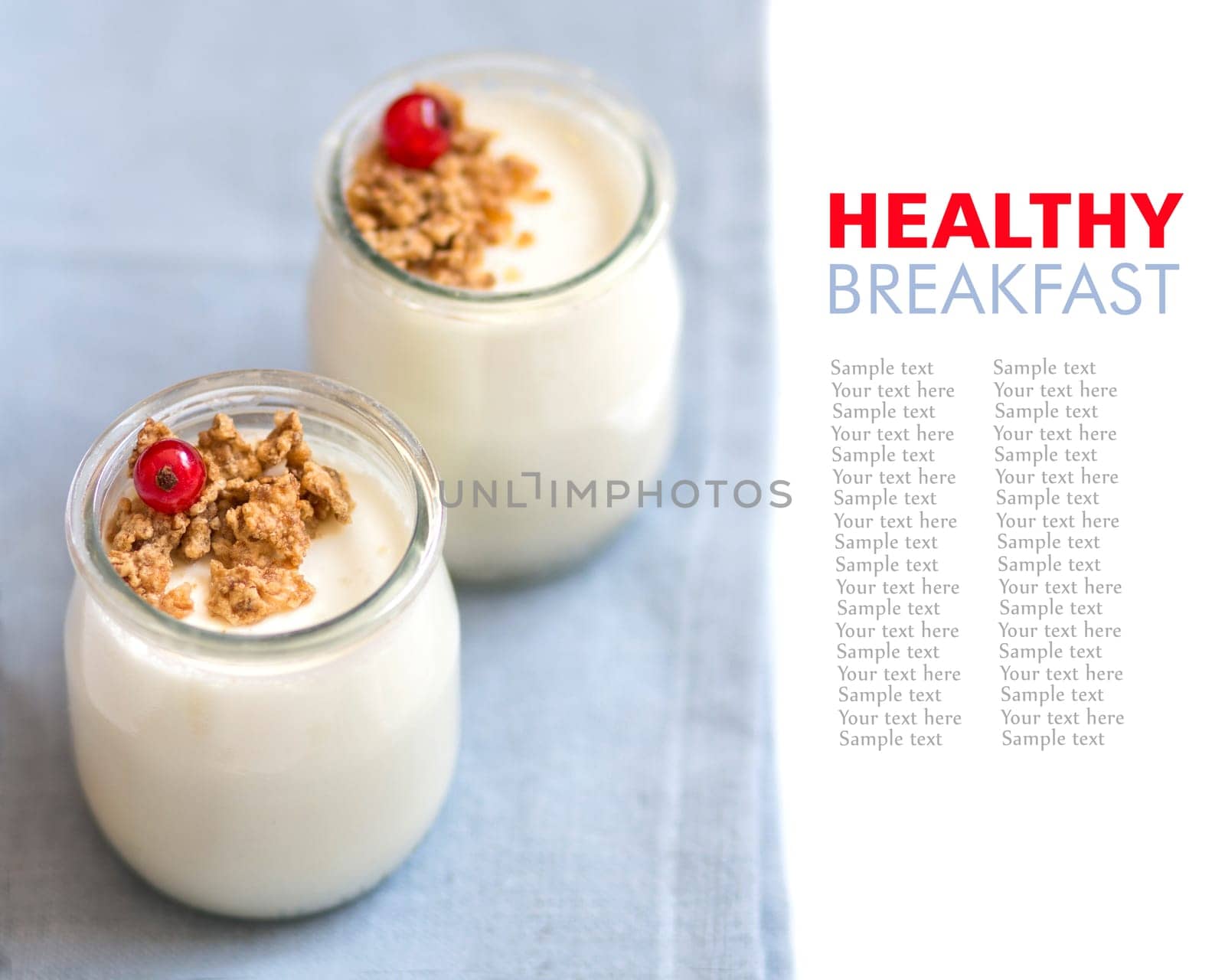 Jars of fresh natural yogurt with red currants and muesli