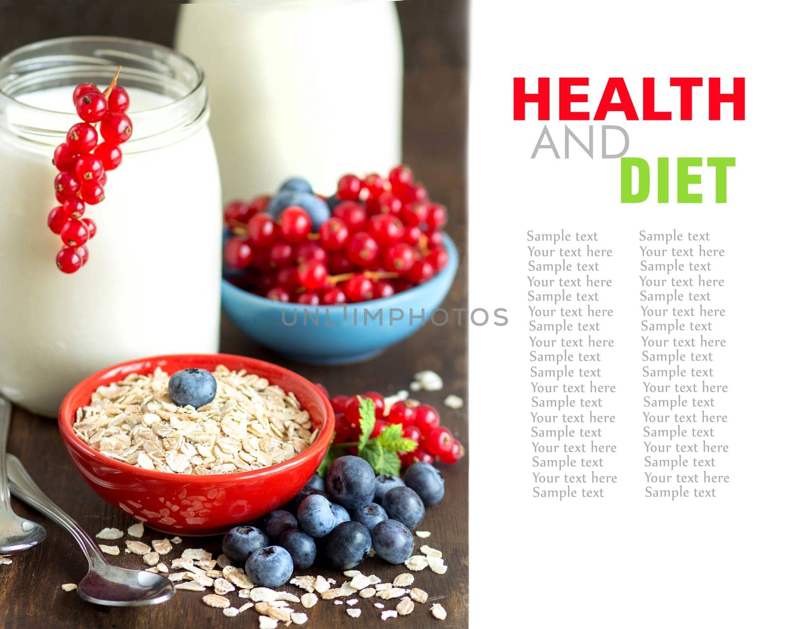 Jars of fresh natural yogurt, berries and cereals