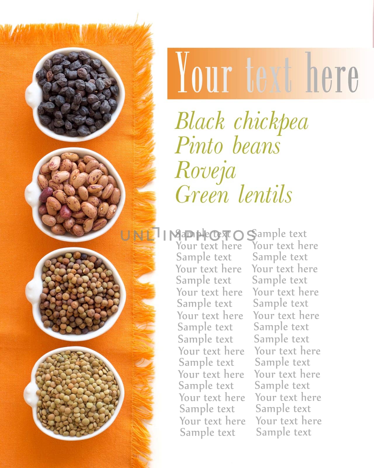 Variety or legumes in bowls isolated on white