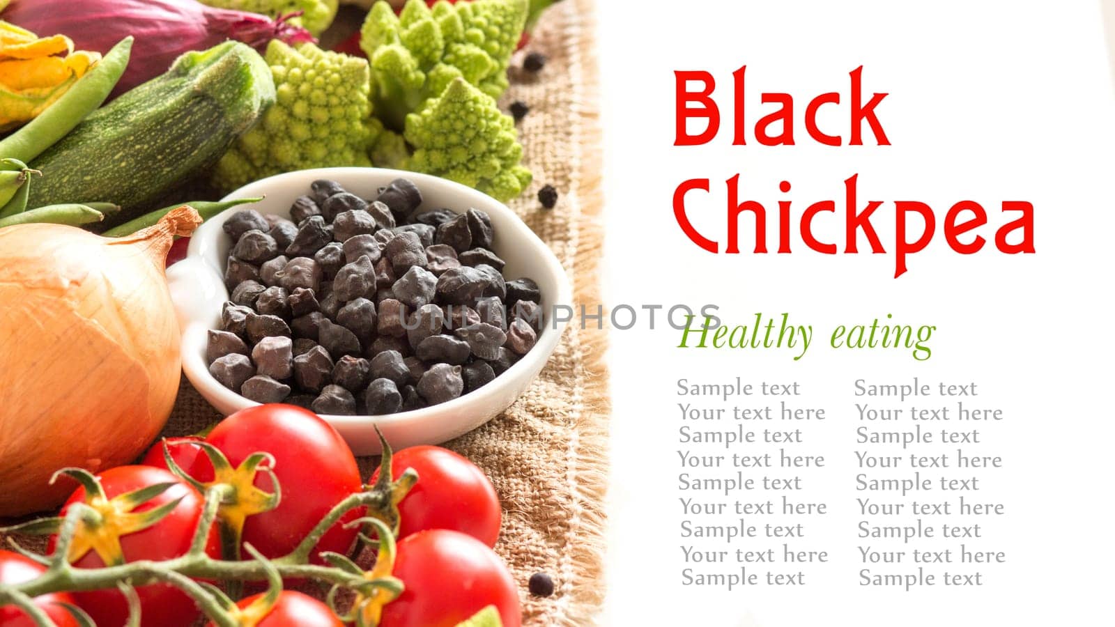 Black chickpea in a bowl with vegetables isolated on white