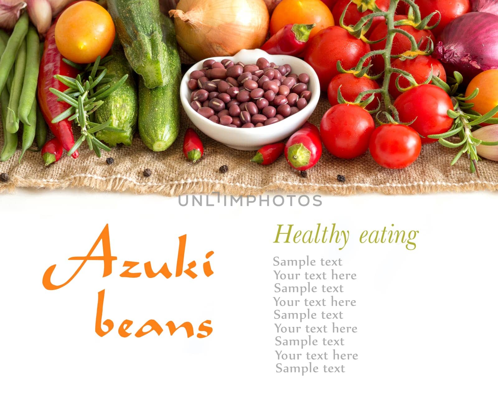 Dry organic azuki beans in a bowl and vegetables