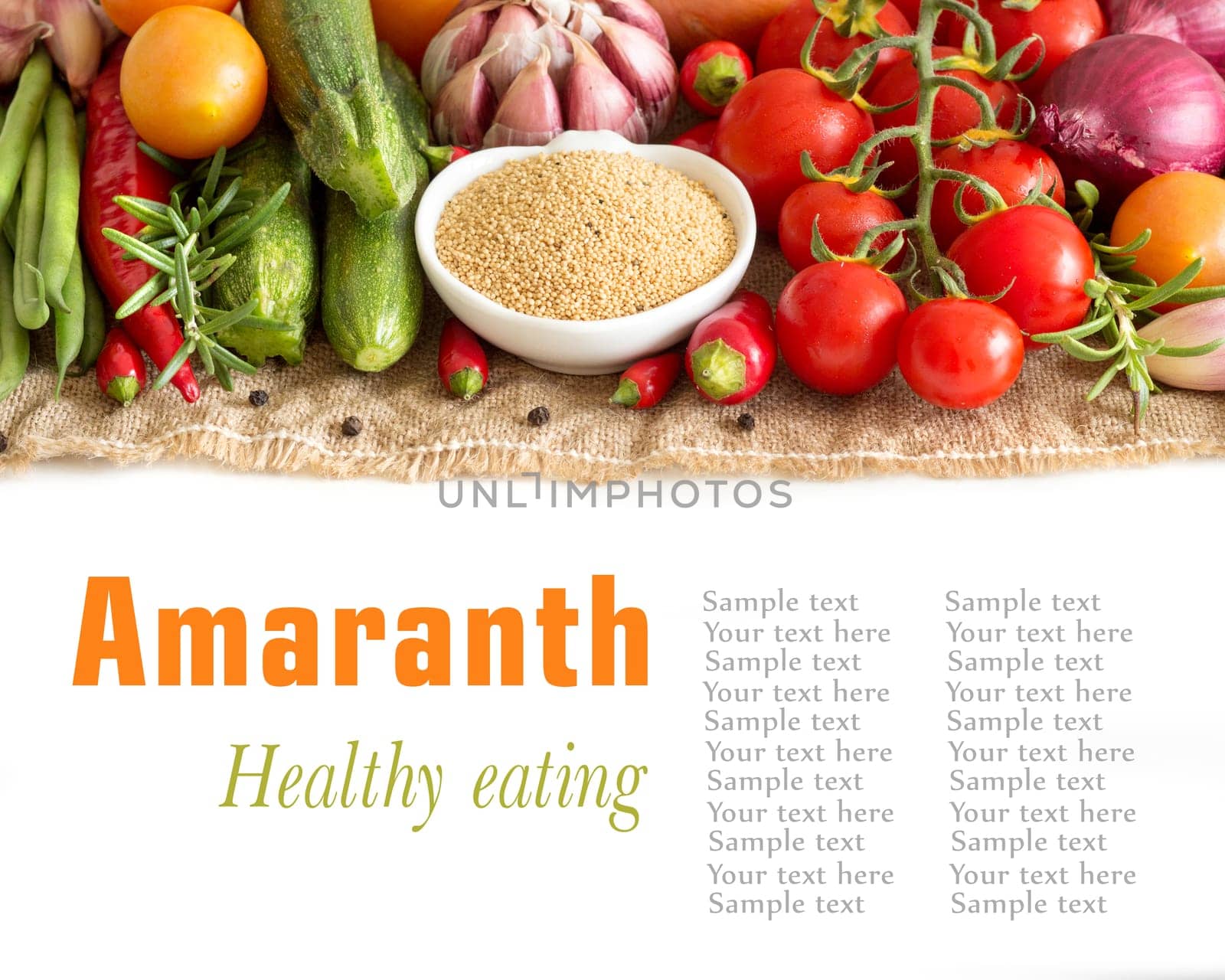 Raw organic amaranth in a bowl and vegetables