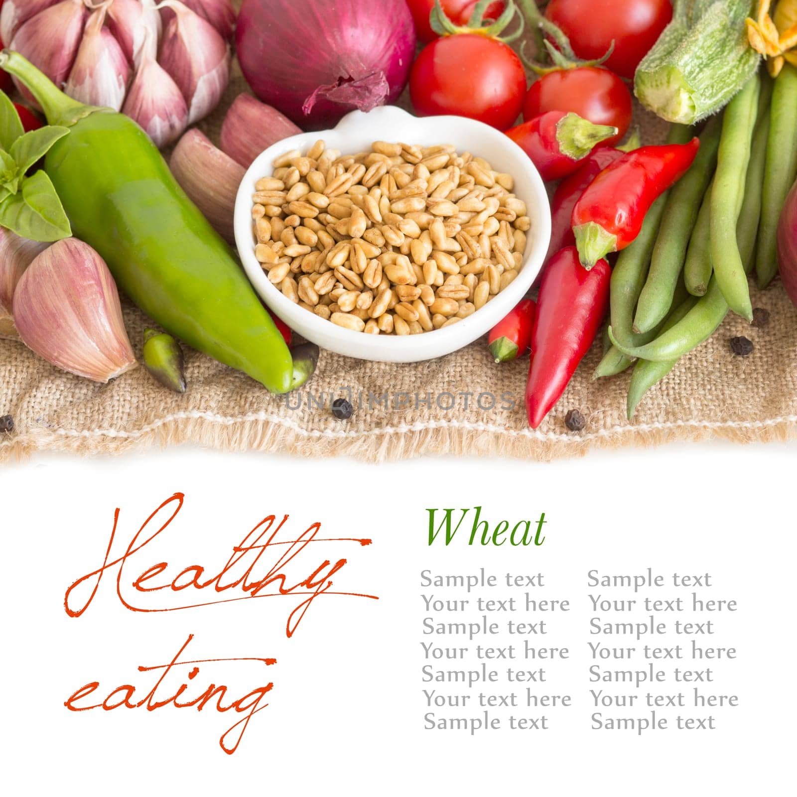 Whole wheat in a bowl and vegetables isolate on white