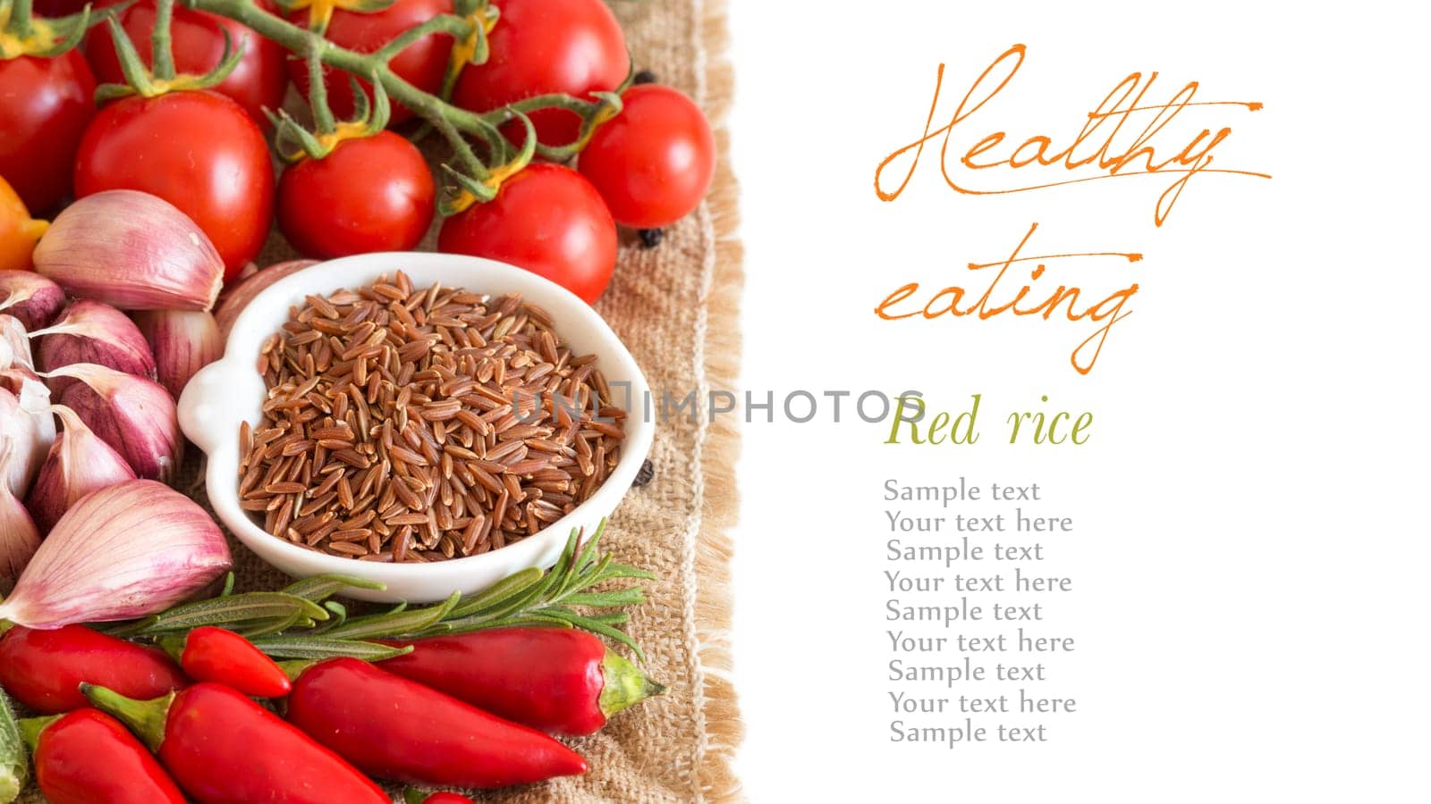Red organic rice in bowl and vegetables