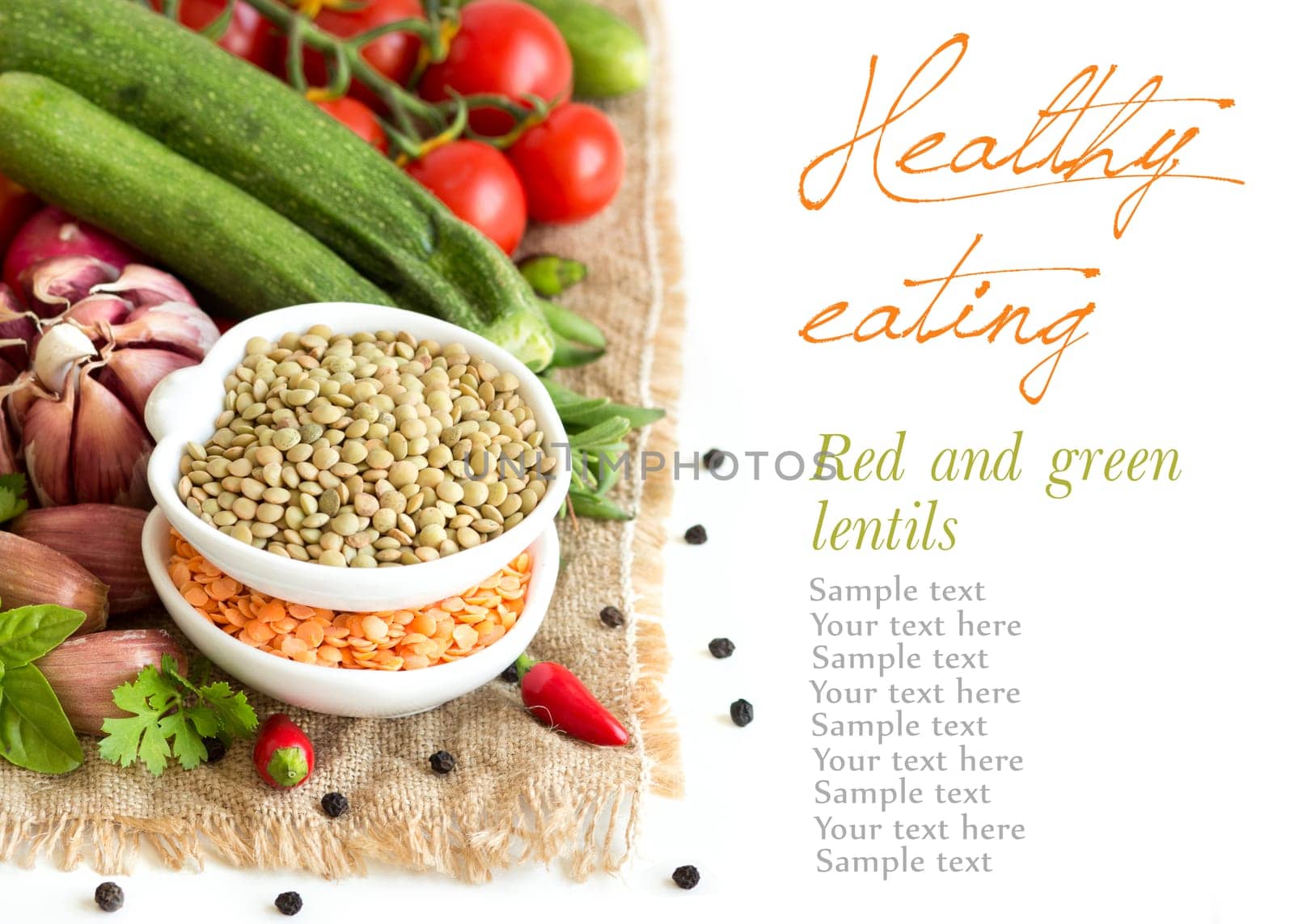 Red and green lentils and vegetables isolated on white