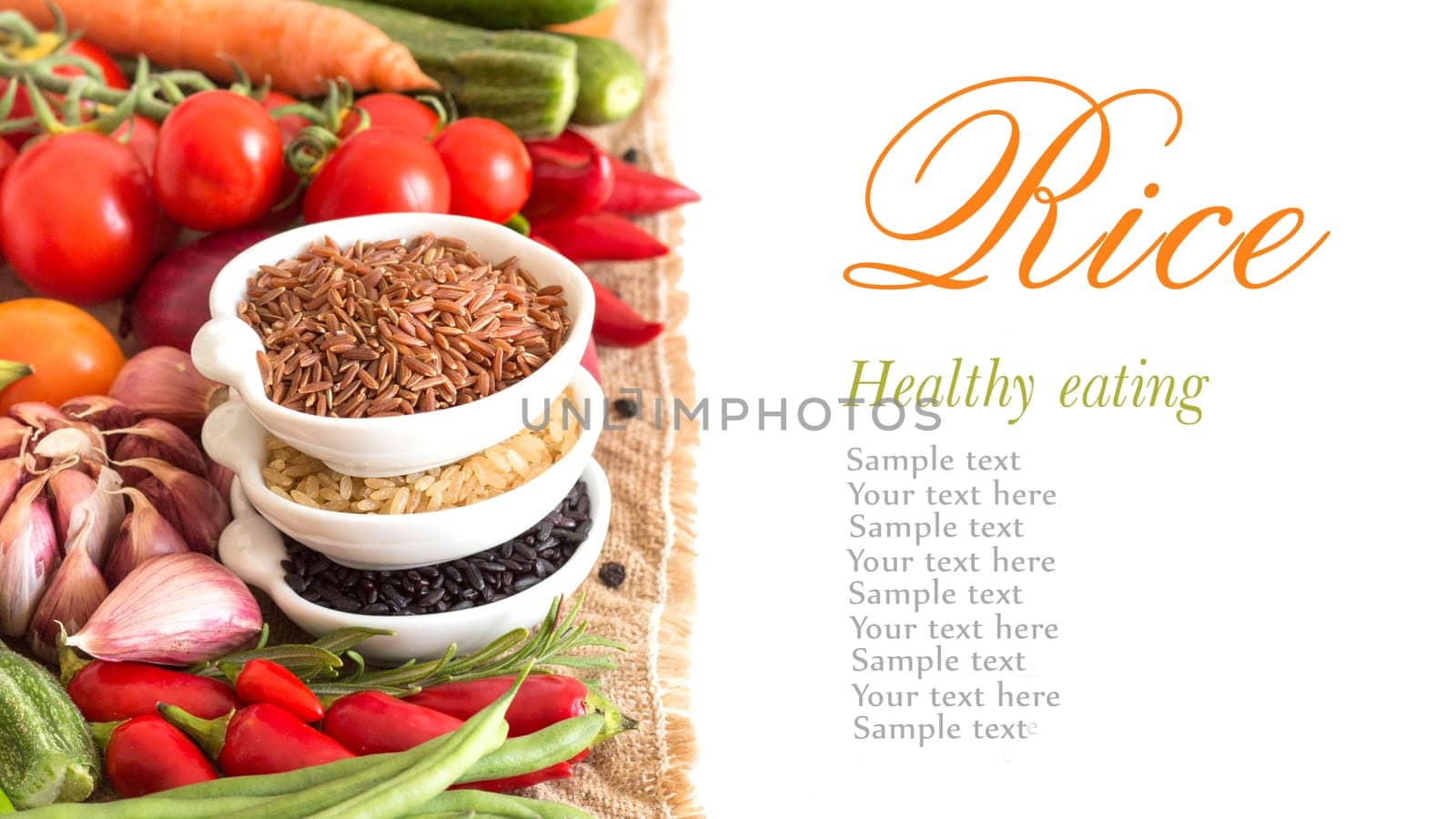 Red, black and unpolished organic rice in bowls and vegetables