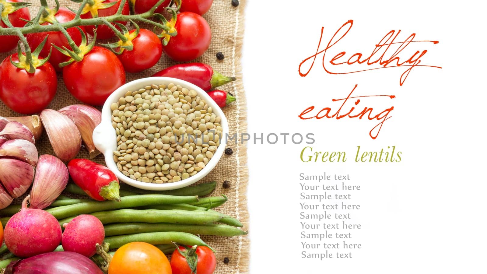 Green lentils in bowl and vegetables isolated on white