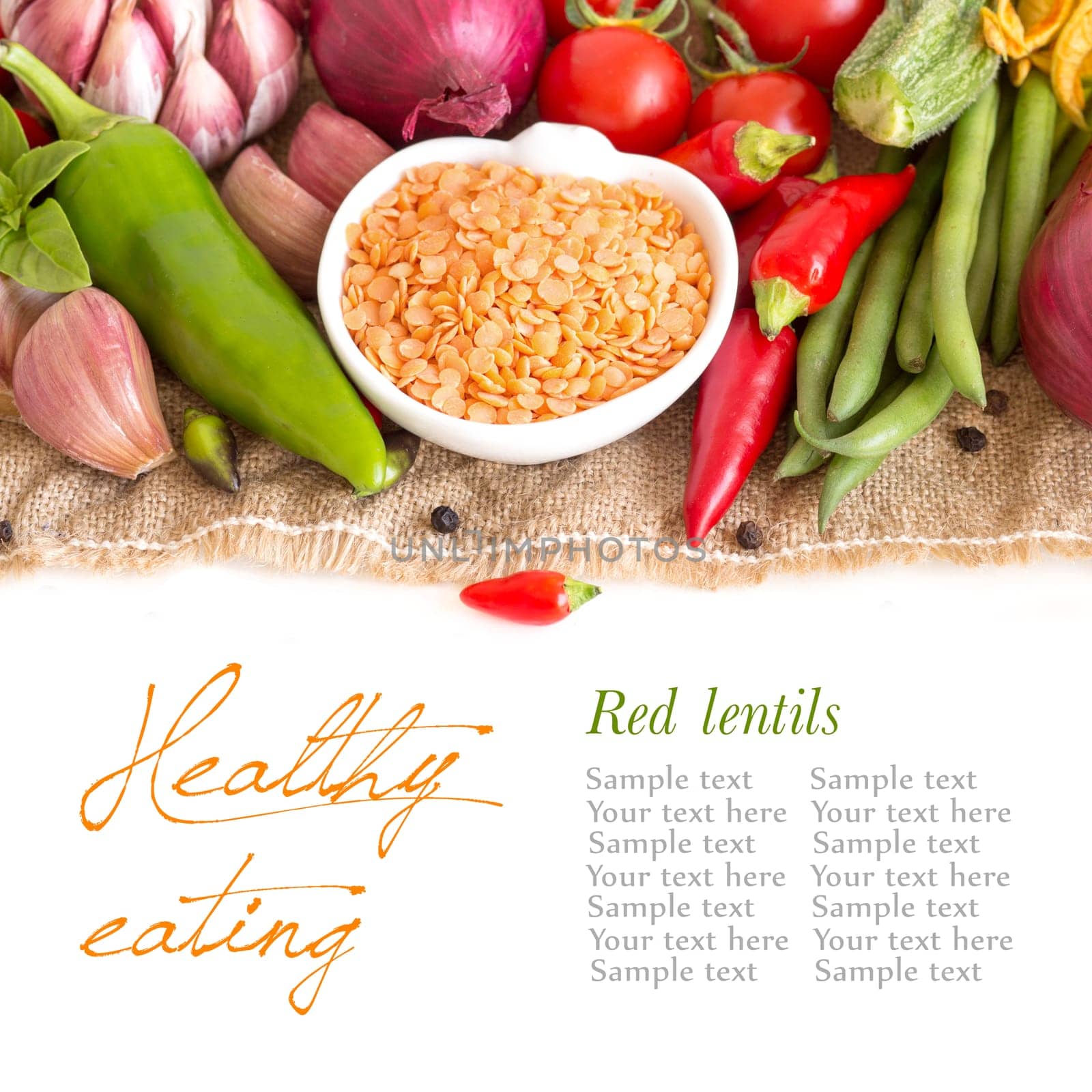 Red lentils in bowl and vegetables isolated on white